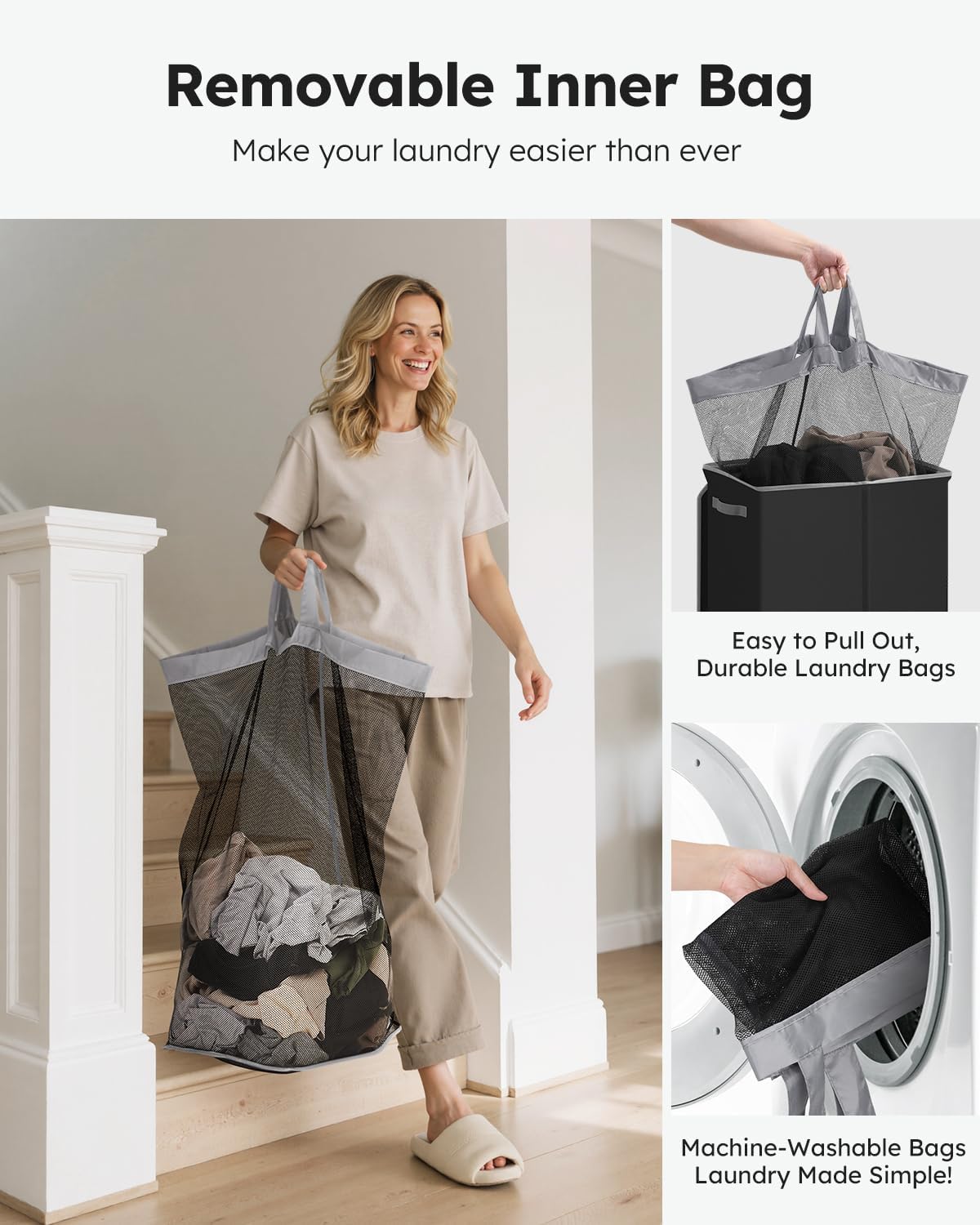 SOLEDI Laundry Hamper with Lid 130L Large & Tall Collapsible Laundry Basket, Clothes Hamper with Bag Removable Easy to Carry, Dirty Hampers for Bedroom, Bathroom, Dorm, College, Black