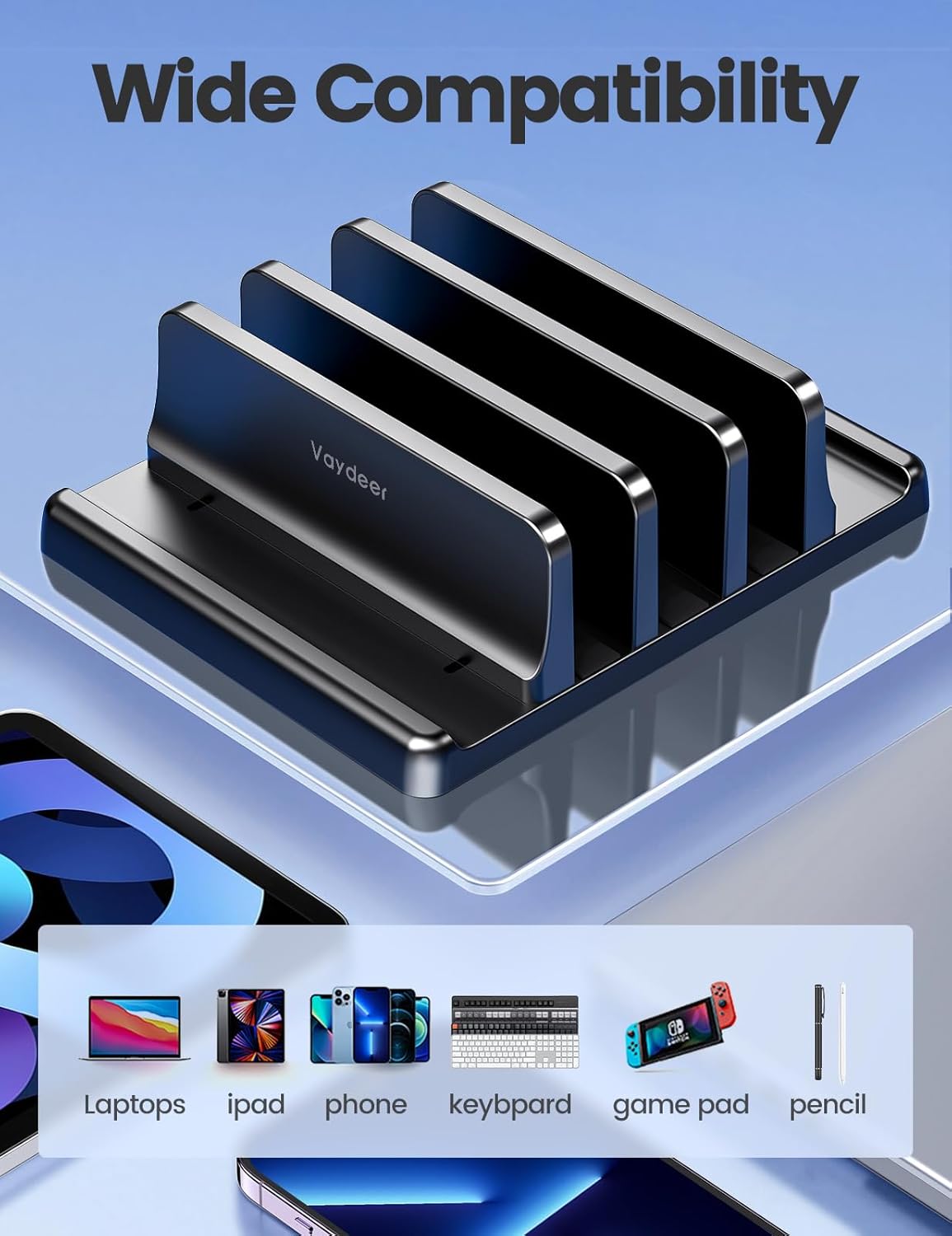 Vaydeer 3-Slot Vertical Laptop Stand Organizer, Laptop Storage Holder Made of Premium ABS Plastics 5 in 1 Design,Desktop Space-Saving Adjustable Desk Organizer for All MacBook/Chromebook/Surface
