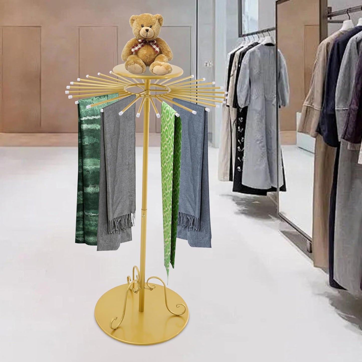 Rotating Scarf Display Rack with 30 Rods,Golden Freestanding Scarf Display Stand Height Adjustable Scarf Holder Organizer for Scarf Shawl Jewelry Trouser