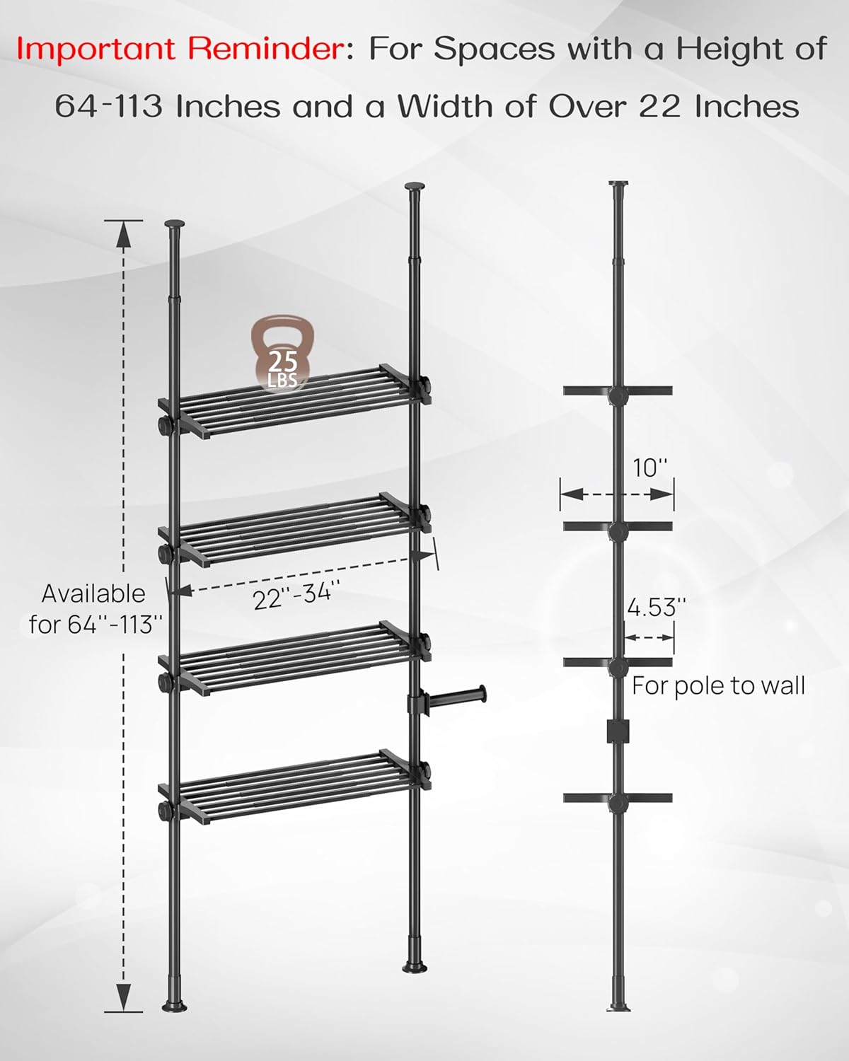 ALLZONE Adjustable Over The Toilet Storage Shelf, 4-Tier Ample Over Toilet Bathroom Organizer and Storage,Tension Mounted Above Toilet Storage Cabinet for Versatility, Fits 64-113 Inch Heights, Black