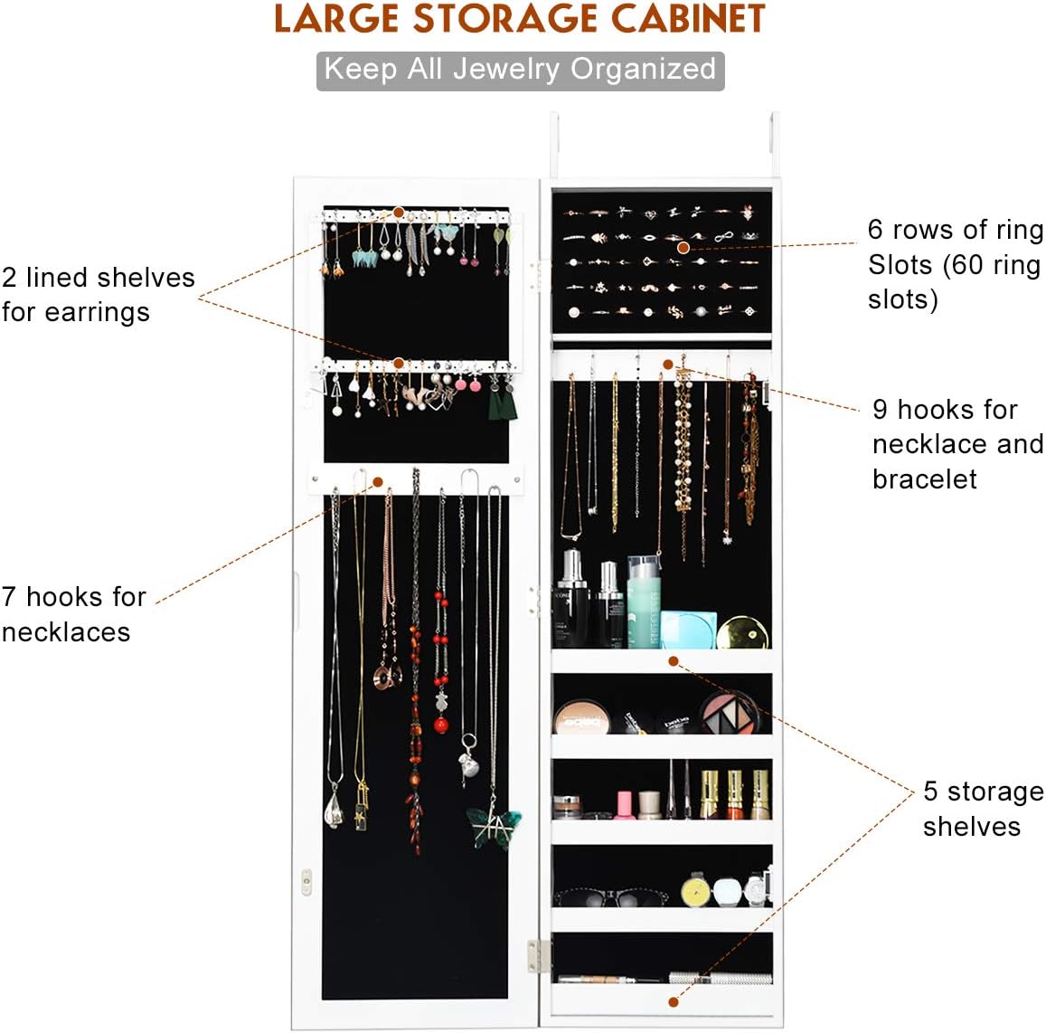 Giantex Jewelry Armoire with Full Length Mirror, Wall and Door Mounted Jewelry Cabinet Organizer with Magnetic Door, Large Storage for Earrings, Rings, Necklaces & Accessories, White