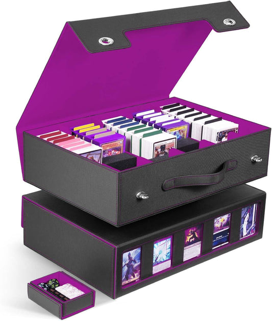 ZLCA Trading Card Storage Box 5-Row with Handle, MTG Storage Box Holds 3900+ Cards with Commander Display, Top Loaders Organizer Case for TCG PTCG Sport Card(Black&Purple)