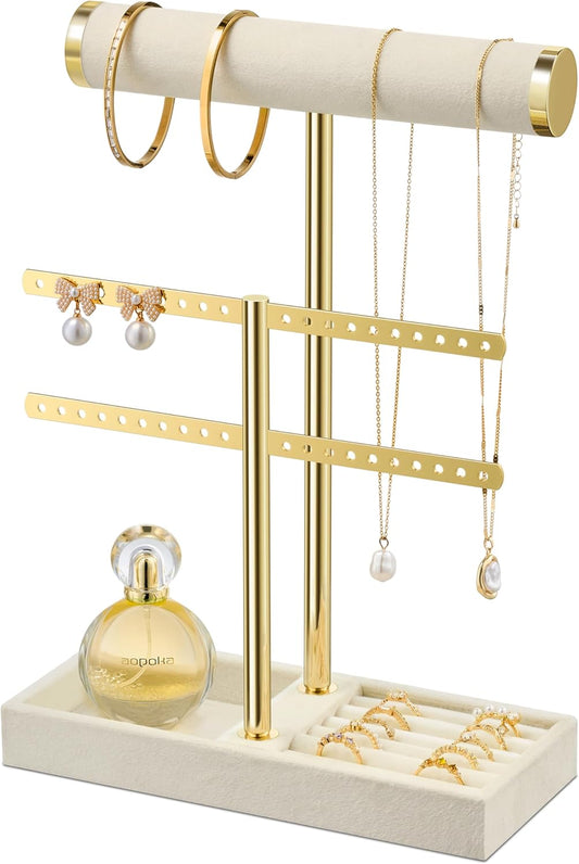 2 Tier Bracelet Holder Display - Detachable T Bar Beige Velvet Bracelet Holder, Jewelry Holder Organizer for Bracelet, Necklace, Earrings, Rings