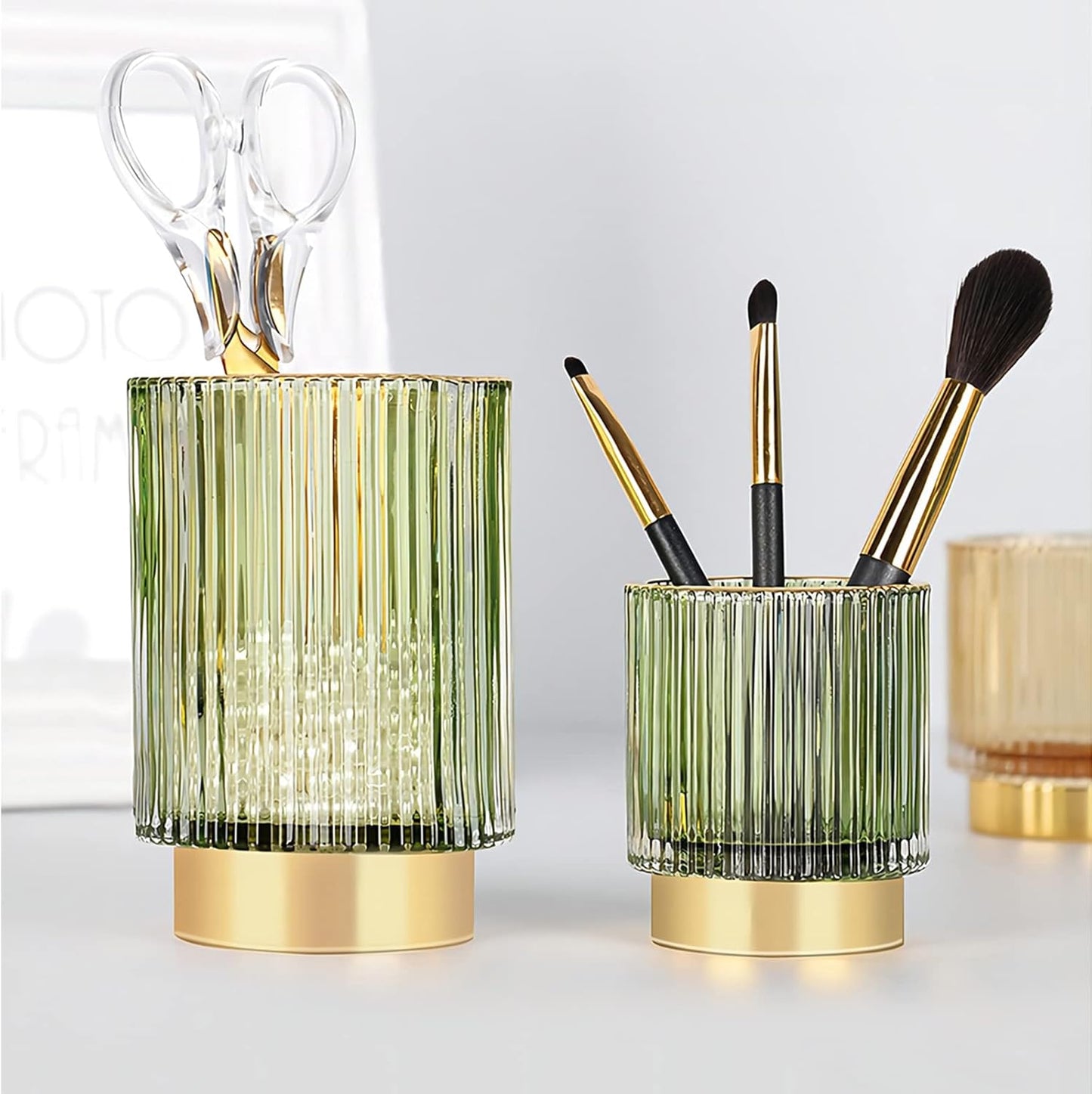 DASITON Makeup Brush holder Organizer,Crystal Cosmetic Makeup Brush Glass Brushes Storage Holder, Vintage Make Up Brush Cup Pen Pencil Holder striped vase(Green S)