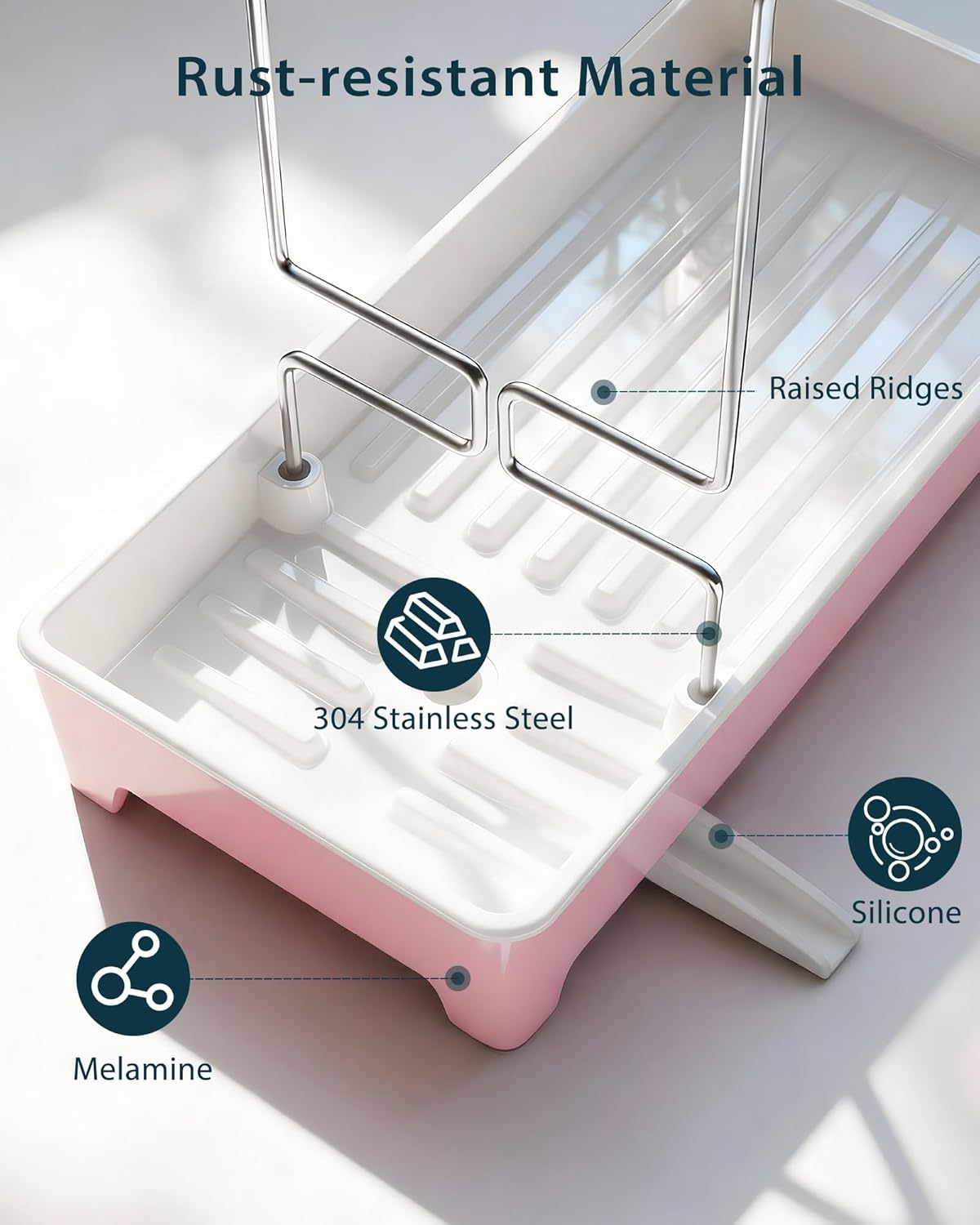 Ceramic-Look Sink Caddy, Rustproof Sponge Holder for Kitchen Sink with 304 Stainless-Steel Brush Holder, Countertop Rack Organizer with Raised Ridges & Silicone Drain Tube (Blush Pink)