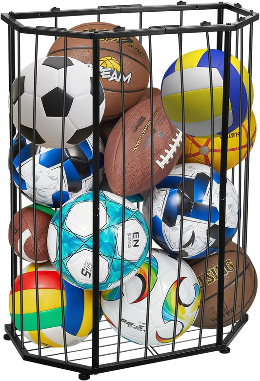 Garage Ball Storage Holder,Elastic Cord Design Can Floor-Standing & Wall-Mounted Use,Used for Basketball,Footbal,Volleyball,Rugby,Home or Outdoors Sports Equipment Storage Ball Rack。(Black)
