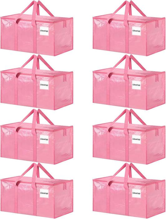 8 Pack Extra Large Heavy Duty Moving Bags, Pink Storage Bins with Lids, Reinforced Handles & Heavy-Duty Zippers Moving Boxes Storage Bags Totes for Clothes Packing, Dorms, College Supplies, Pink