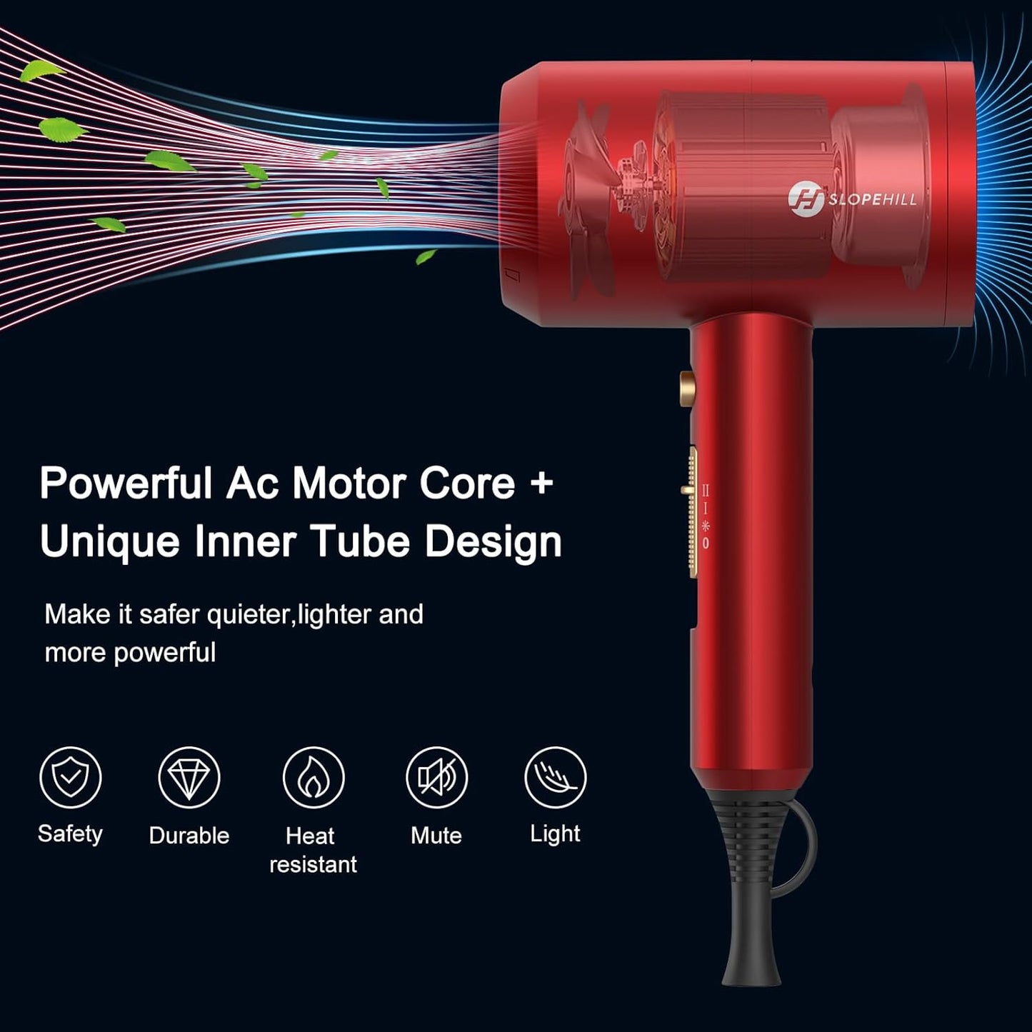 Slopehill Professional Ionic Hair Dryer, Powerful 1800W Fast Drying Low Noise Blow Dryer with 2 Concentrator Nozzle 1 Diffuser Attachments for Home Salon Travel (Agate Red)