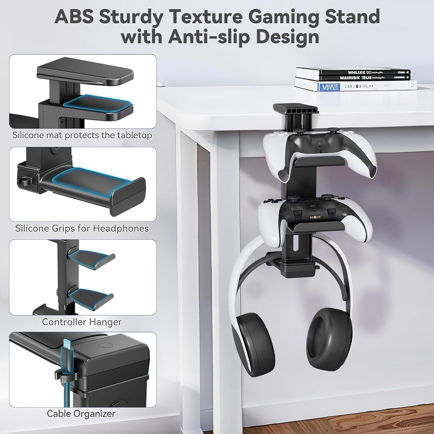 Controller Holder & Headphone Stand Under Desk with Adjustable Clamp, Controller Stand&Headset hanger for Desk Mount with 360° Rotating Hook & Cable Organizer, 3-in-1 Gaming Accessories Organizer
