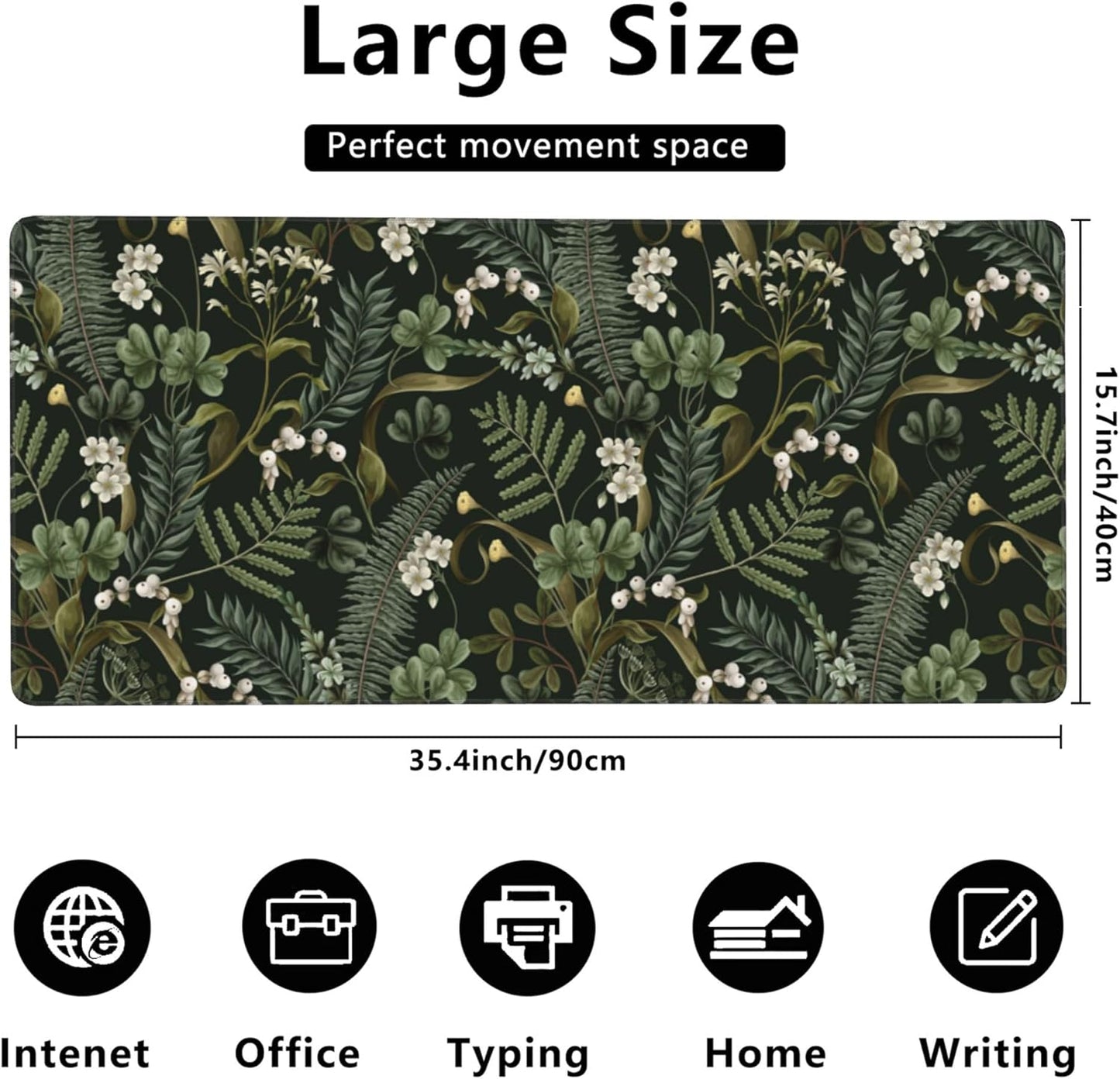 Desk Mat,White Flowers and Fern Gaming Mouse Pad,XXL Extended Mouse Pad Mat for Office,Computer,Keyboard with Non-Slip Base Stitched Eges Mousepad 35.4x15.75 inch