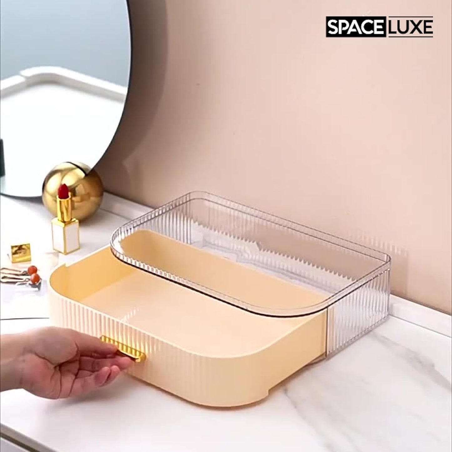 Makeup Organizer with Drawers and 360° Rotating Brush Holder, Large Capacity Cosmetic Storage for Vanity, Skincare, Perfume, Hair Accessories, Lipstick & Jewelry (Cream White, 2-layer)