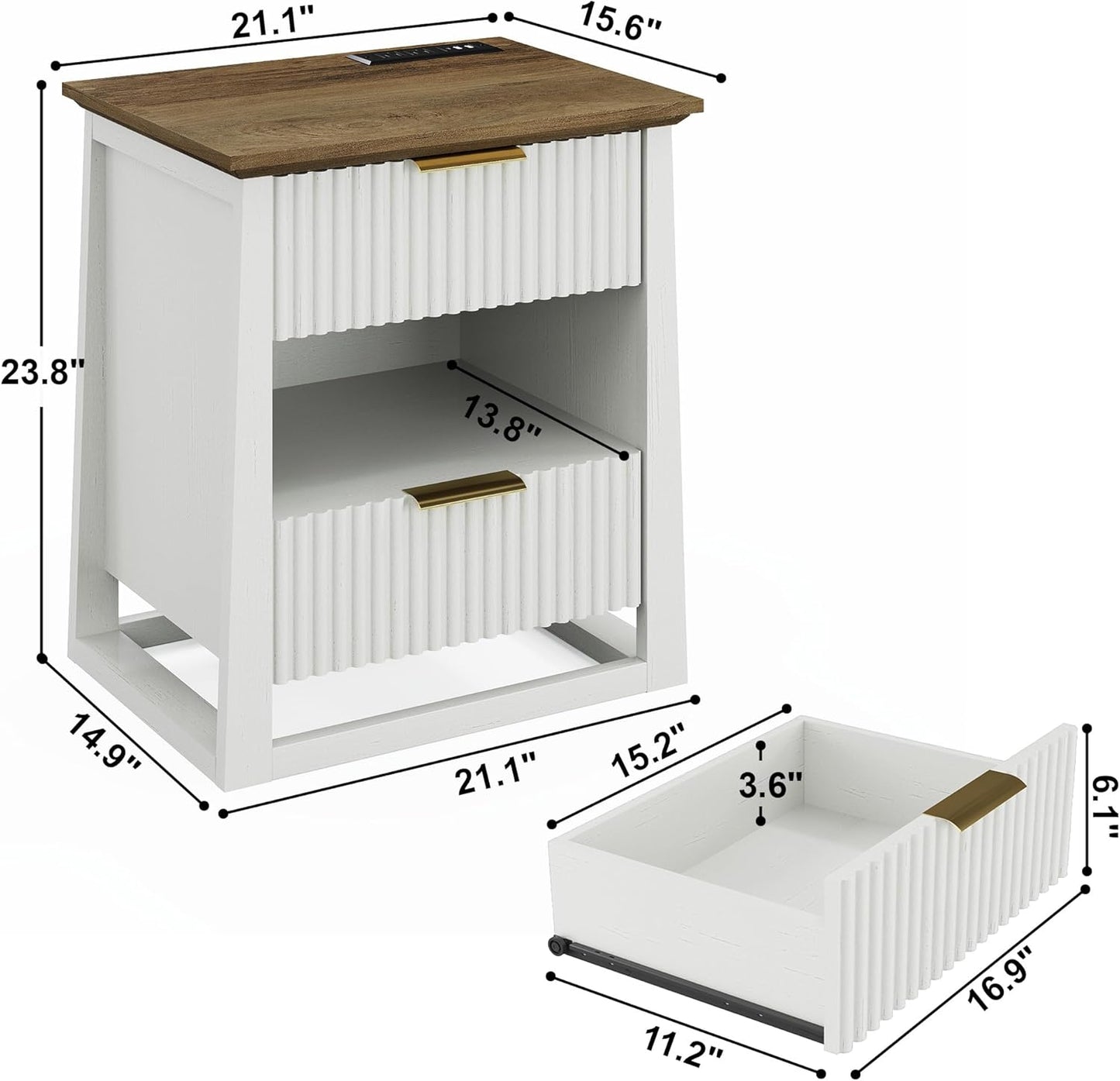HIFYOBRO Fluted Nightstands with Charging Station & Motion Sensor Light, Modern Bedside Tables with 2 Drawers and Storage Shelf for Bedroom, White