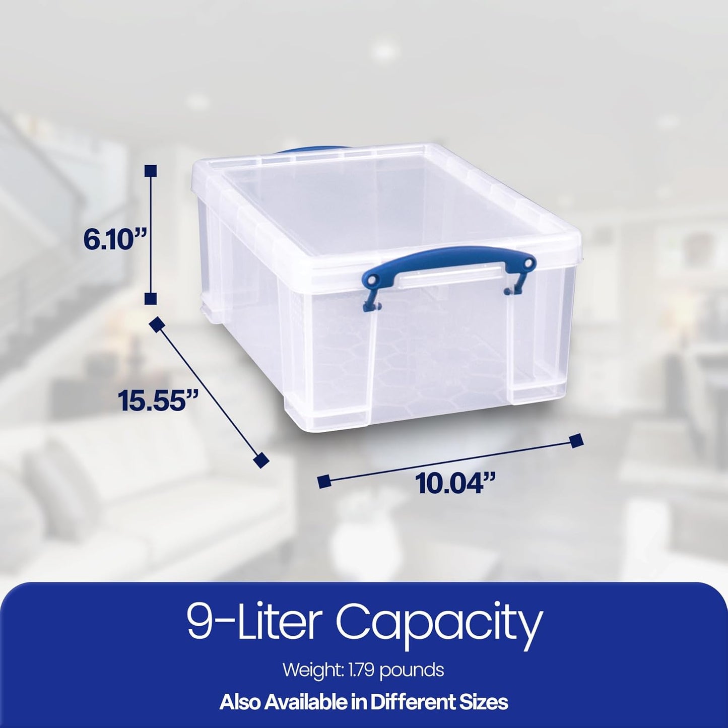 Really Useful Box 9 Liter Plastic Stackable Storage Container with Snap Lid & Built-in Clip Lock Handles for Home or Office Organization, Clear