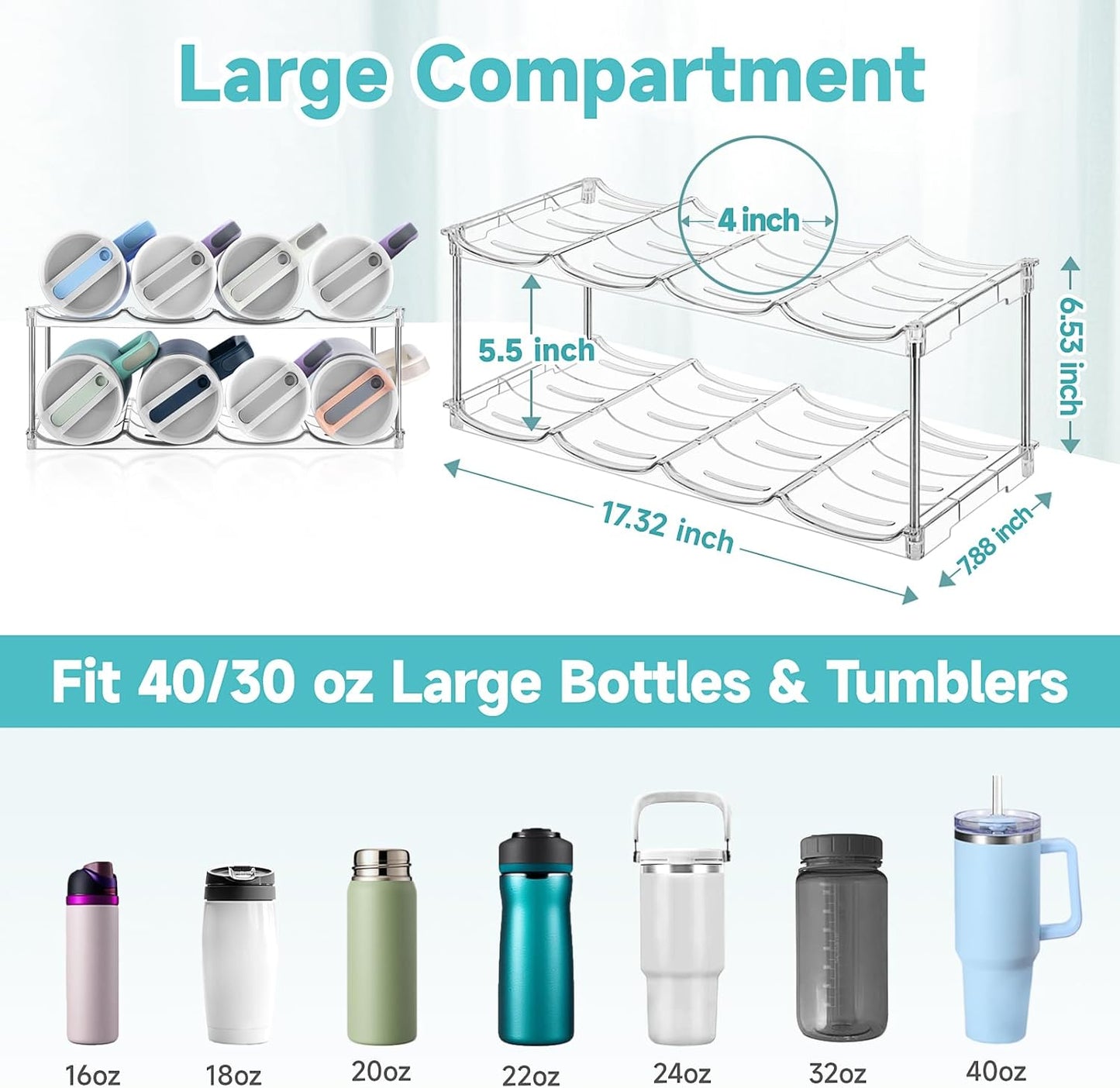 Stackable Water Bottle Organizer, Large Compartment Water Bottle Holder for Stanley 40 oz Tumbler, Kitchen Storage Organizer for Stanley Cup Accessories, Tumbler Organizer Wine Rack - Hold 8 Bottles
