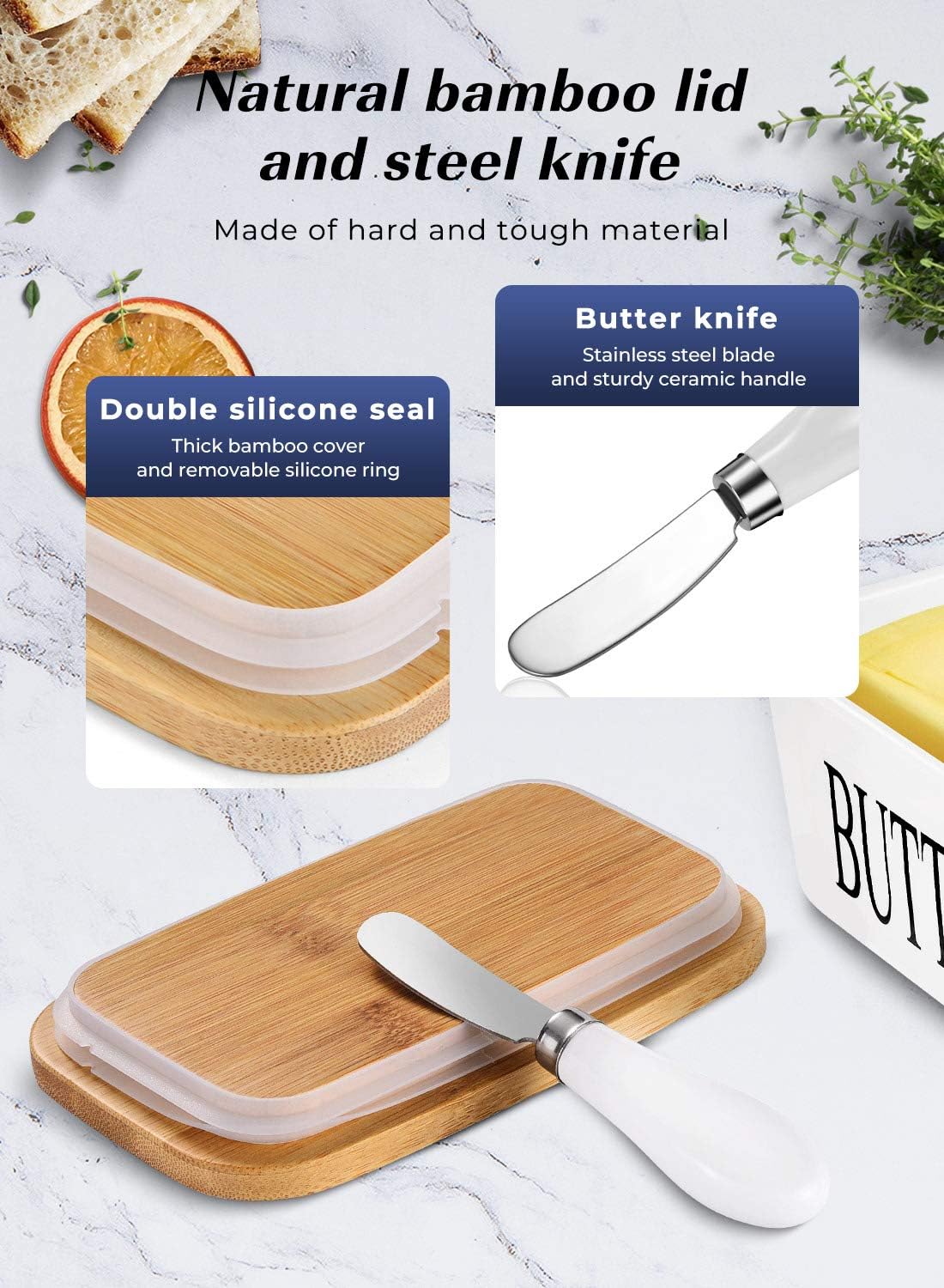 Butter Dish with Lid, Large Butter Container for Countertop, Ceramic Butter Holder for Counter, Butter Tray Butter Keeper with Knife and Sponge Scrubber, Perfect for 2 Sticks of Butter, White