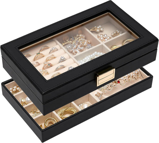 Homde Jewelry Tray Stackable Jewelry Box with Glass Lid, Removable Dividers for Vanity Table - Christmas Gift Idea for Girls and Women (Black)