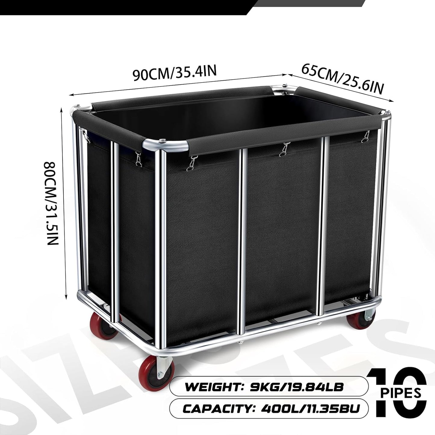 Commercial Laundry Cart on Wheels, 11.35 Bushels Large Roller with Removable Waterproof Canvas Lined Basket, Heavy Duty Stainless Steel for Hotels and Hospitals