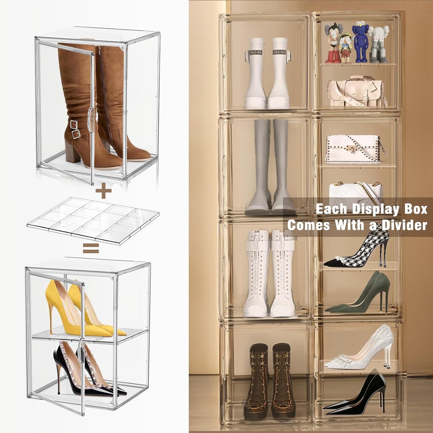 2 Pcs Shoe Display Case, XX-Large Tall Boot Storage Box Transparent Handbag Organizer for Closet Acrylic Shoe Box Clear Plastic Stackable Sneaker Collectibles Case with Detachable Divider