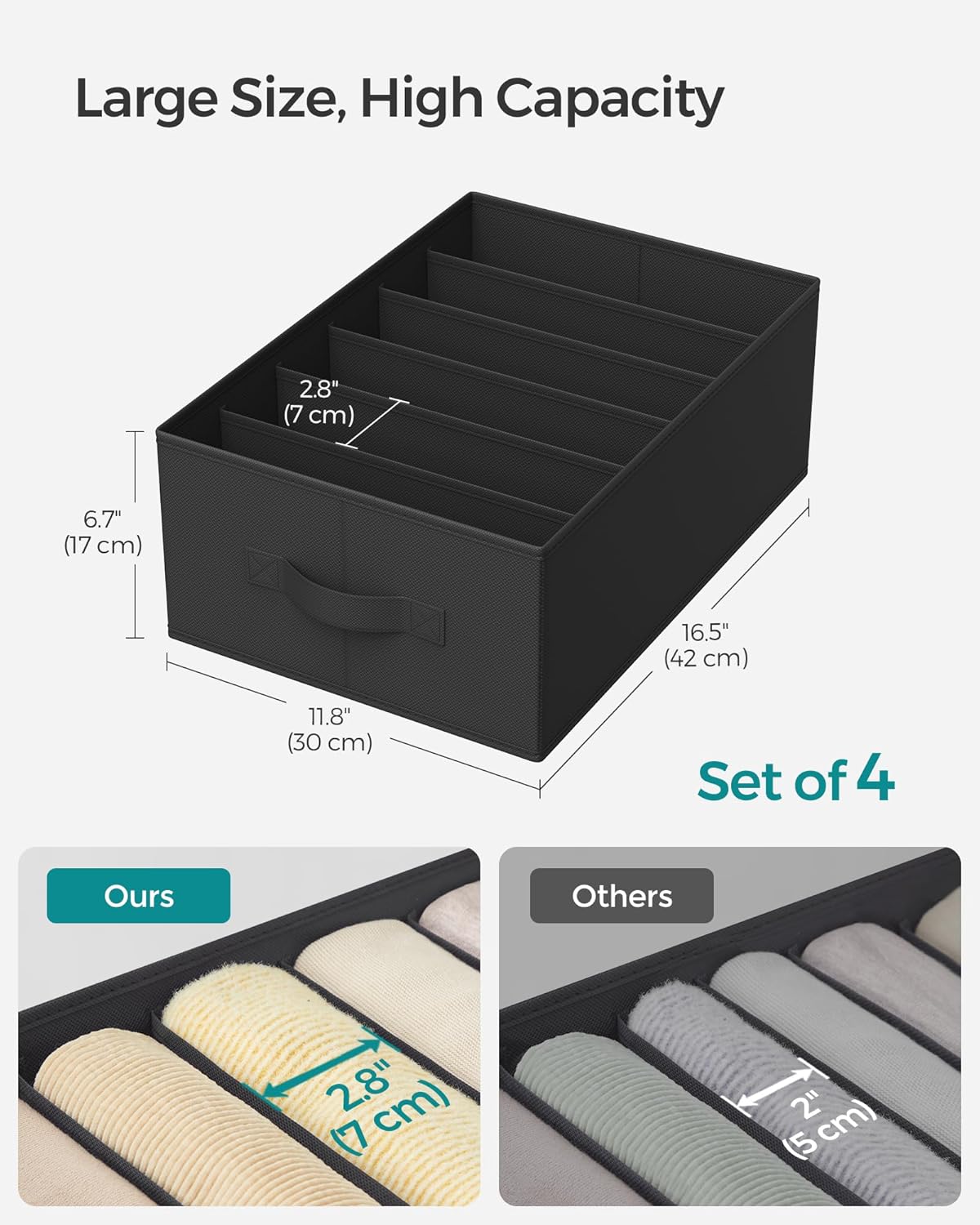 SONGMICS Set of 4 Large Size Wardrobe Clothes Organizers, 6-Compartment Foldable Drawer Organizers with Handles, 16.5 x 11.8 x 6.7 Inches, for Pants, Sweaters, Jeans, Ink Black URUS009B04