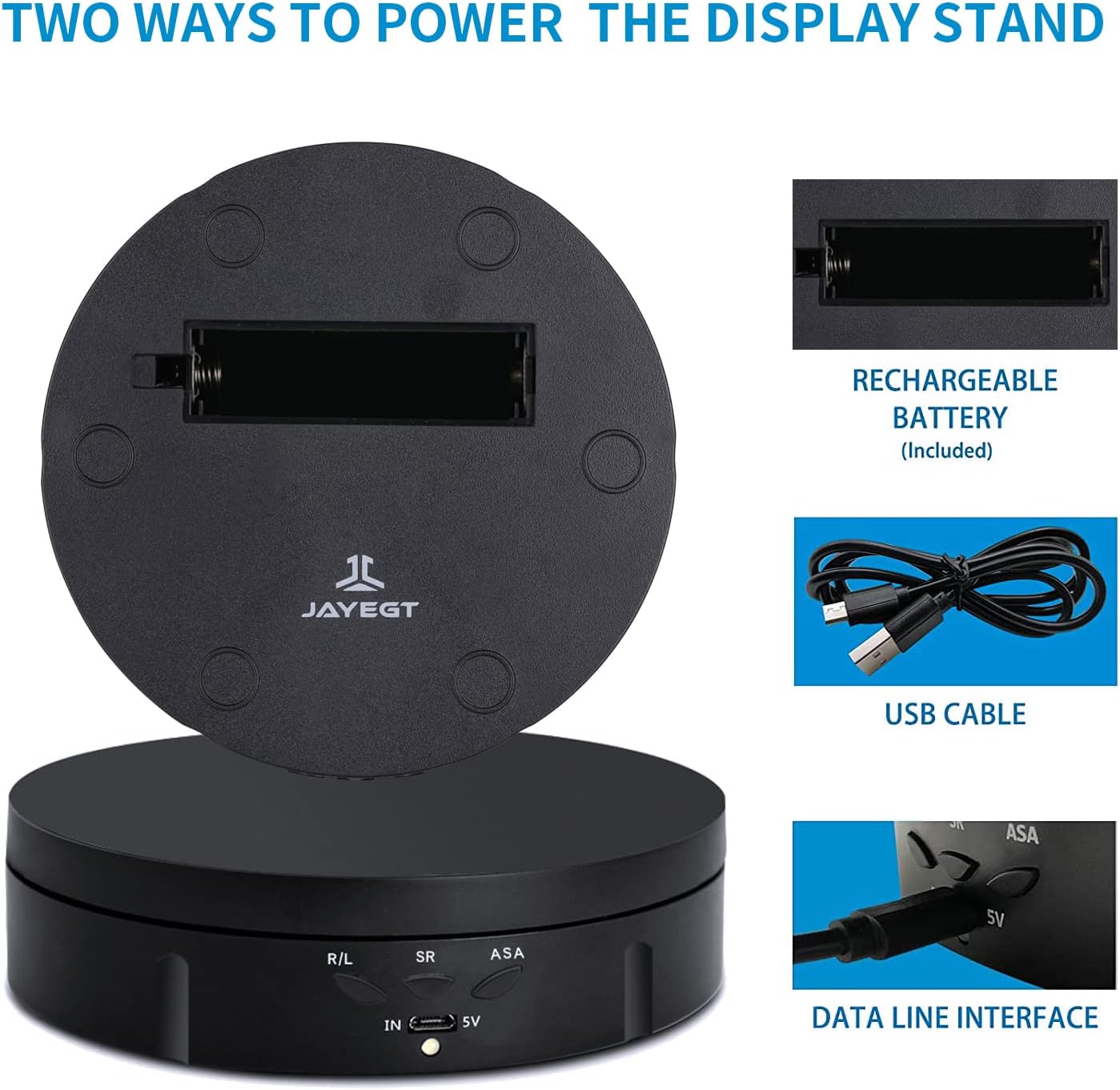 JAYEGT Motorized Rotating Display Stand, 5.74inch /22lbs Load, 360 Degree Electronic Turntable Display Stand for Photography Products Shows , Jewelry, Watch, 3D Models, Cake (Black/Button Control/rechargeable)