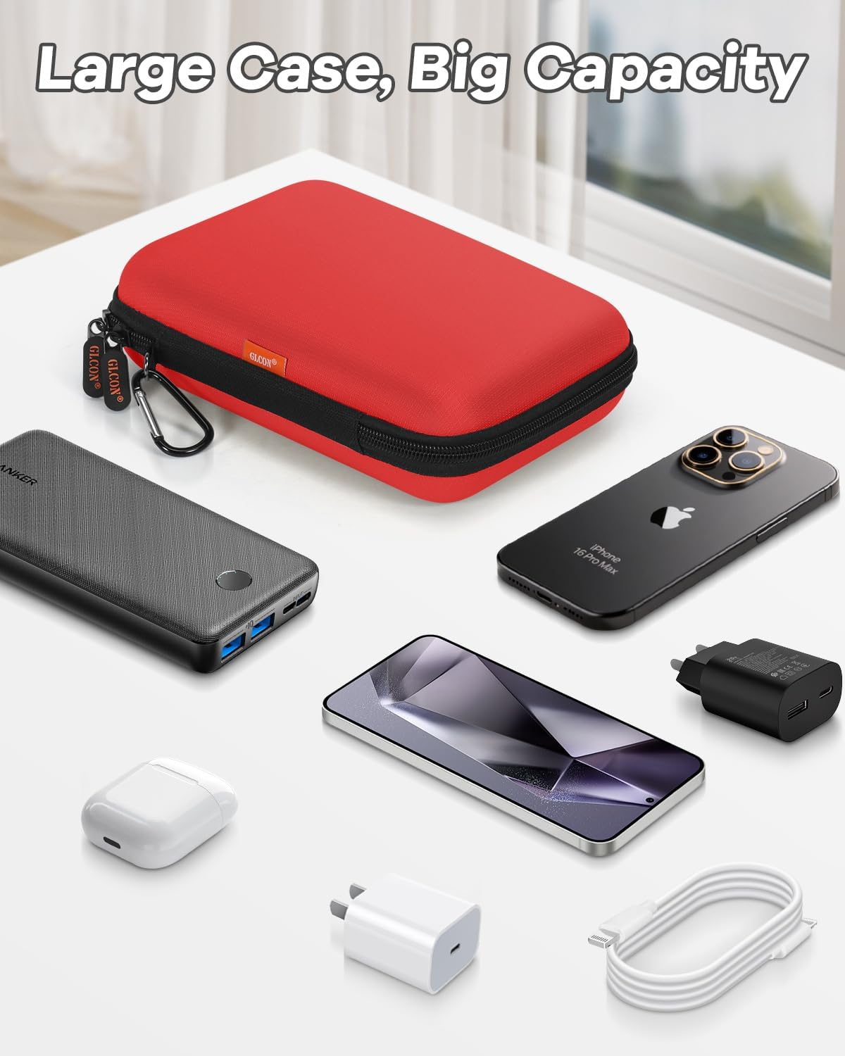 Pure-Red Shockproof Hard Shell Carrying Case for Portable External Hard Drive, Power Bank, Charger, Seagate Game Drive, Cell Phone, Electronic, Women Accessories - Large Storage Pouch Travel Bag