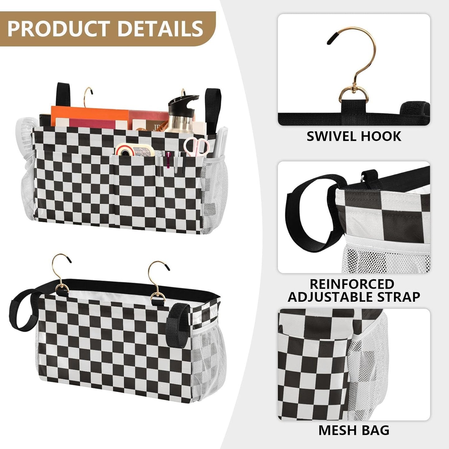 Checkered Black Bedside Caddy for Dorm Bed Bedside Hanging Caddy Bag Iron Frame Storage Organizer Pocket for Bunk Home College Hospital Beds 2 Hooks