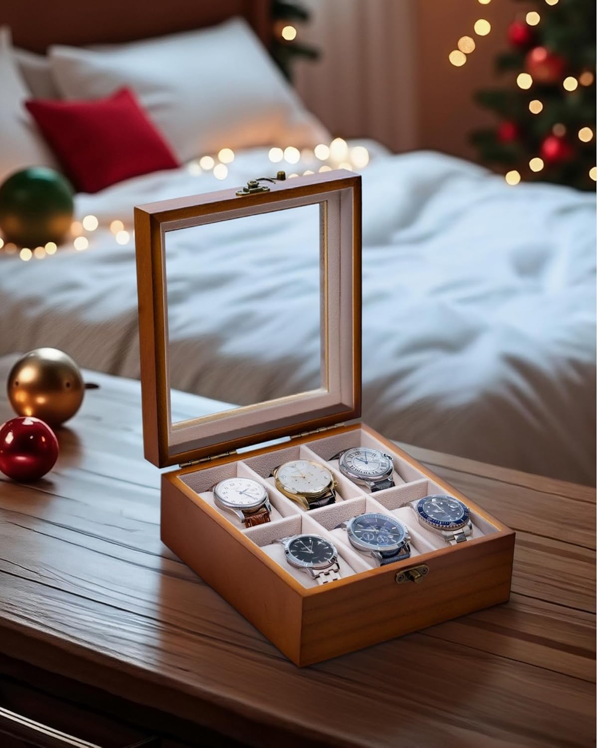 Watch Box, Watch Case for Men Women with Large Glass Lid, Wooden Watch Display Storage Box with 6 - Slots, Classic Walnut 6x2 Mens Watch Box Organizer
