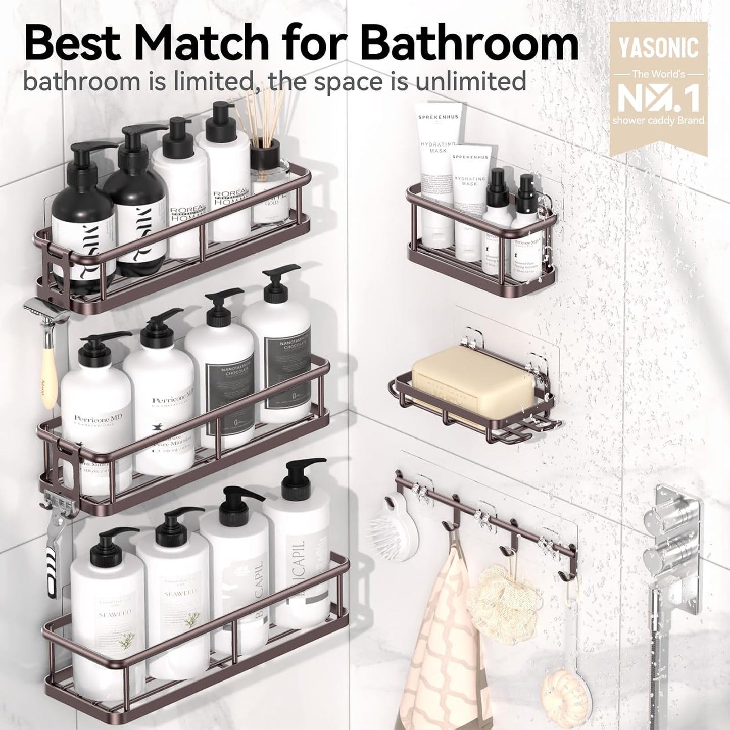 YASONIC Shower Caddy, 6 Pack Large Capacity shower Organizer with Soap Holder and 12 Hooks, Rustproof Shower Shelves for Inside Shower, No Drilling&Sleek Bathroom Organizers and Storage Bronze