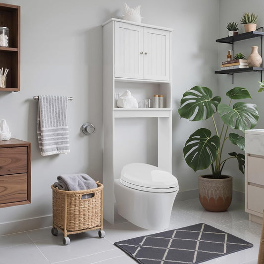 Over The Toilet Storage Cabinet, Behind Toilet Bathroom Organizer with Adjustable Shelves, Wooden Above Toilet Storage Shelf, Space Saver for Restroom, Bathroom, Laundry