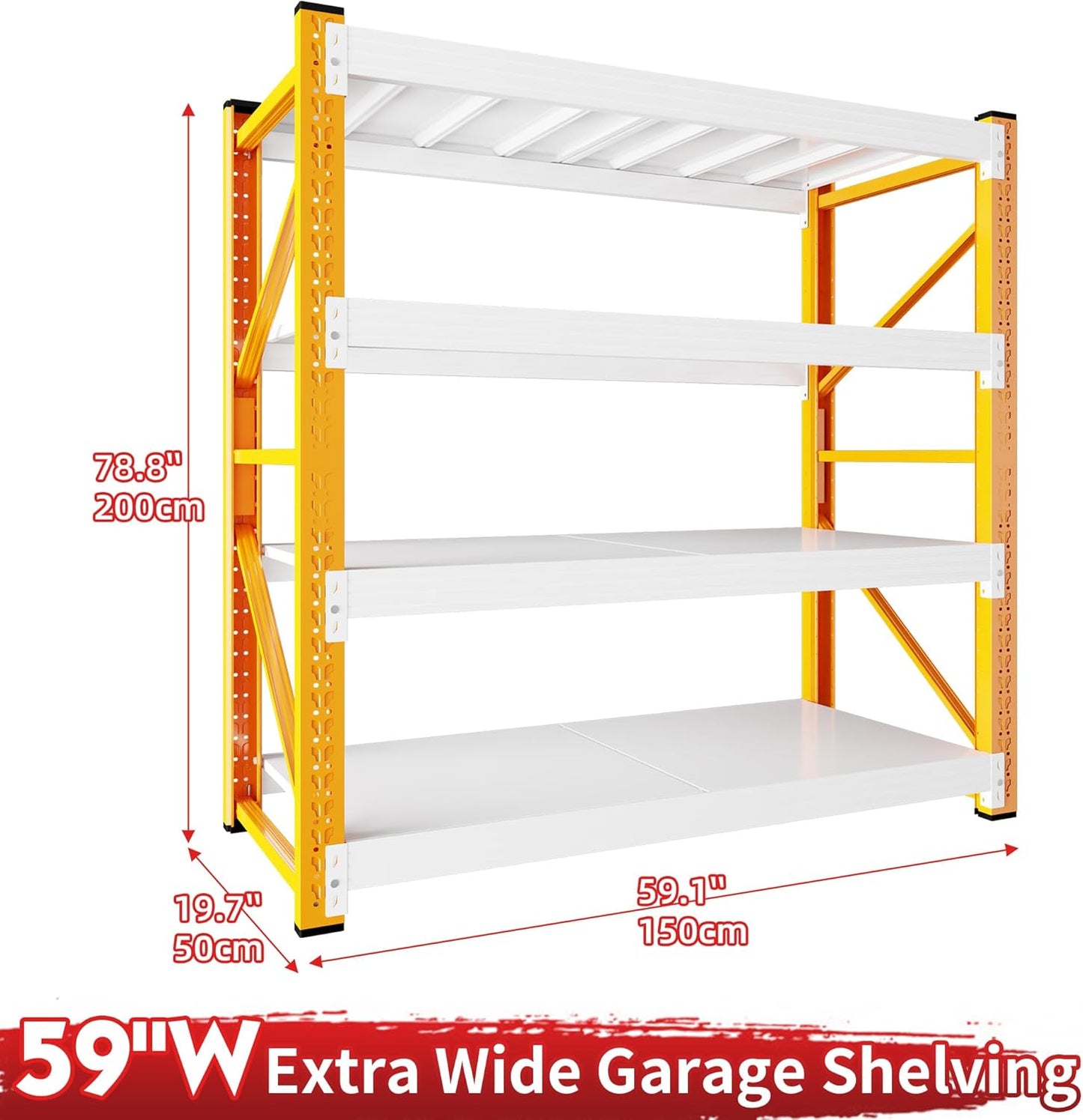 5000LBS Garage Shelving 59" W Garage Shelving Heavy Duty 4-Tier Metal Storage Shelves Adjustable Shelf Unit Storage Rack for Basement Supermarket Warehouse 59" W x 20" D x 78" H Orange-White