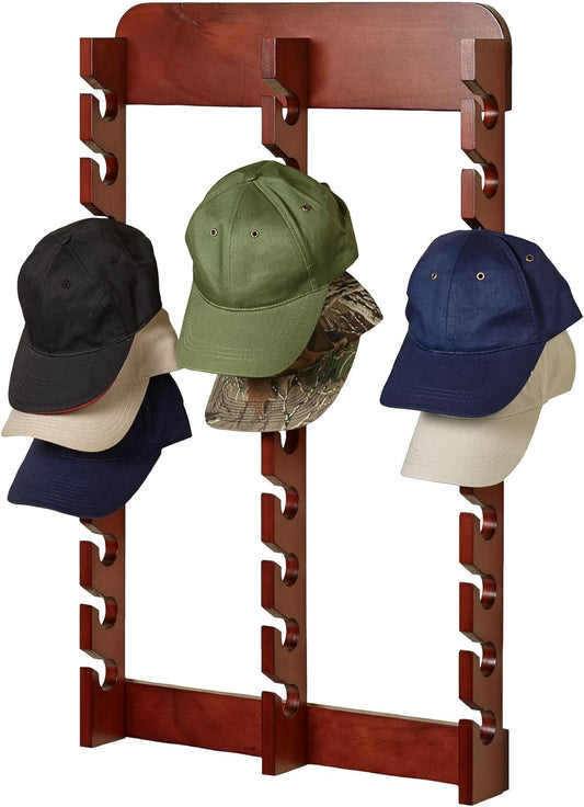 Touch of Class Wooden Ball Cap Display Wall Rack - Classic Cherry - Triple, 30 Slots - Baseball Hat Display - Made of Wood - Class Racks for Hats - Organizer for Bedroom, Living Room, Entryway