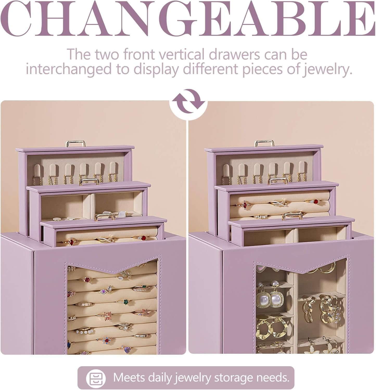 Homde Jewelry Organizer with Transparent Window Necklace Hooks Gift for Women Jewelry Box Display Case for Necklaces Rings Earrings Bracelets and Other Accessories (Grey Purple)