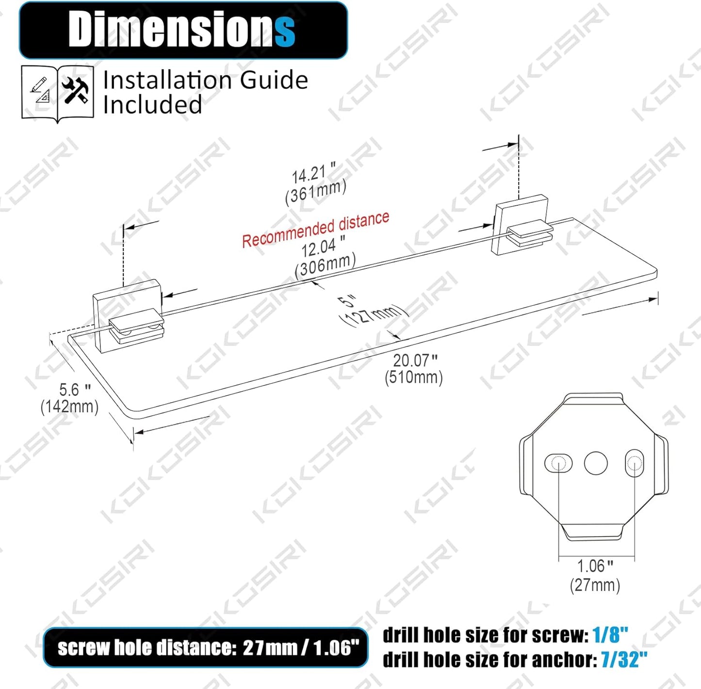 KOKOSIRI Wall Shelves Floating Bathroom Glass Shelf for Kitchen Storage, 20'' x 5.6'' Tempered Glass Wall Mounted Brushed Stainless Steel B1106BR-L20