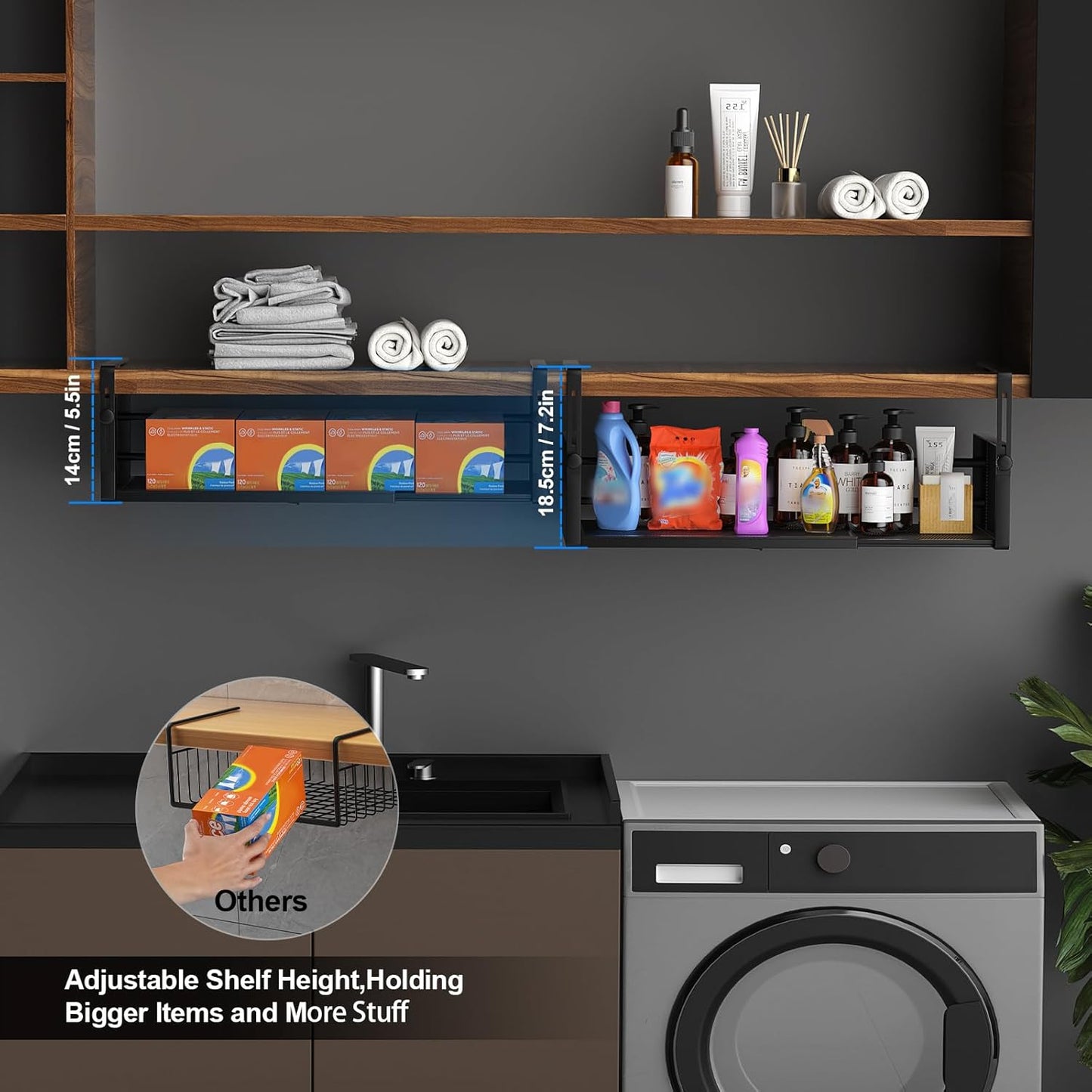 2Pack Under Shelf Basket, Adjustable Hanging Under Cabinet Shelf Storage, Hanging Holder Length Stretchable 14.9-22.6Inch for Kitchen Pantry Desk Counter Bookshelf Cupboard (Black)