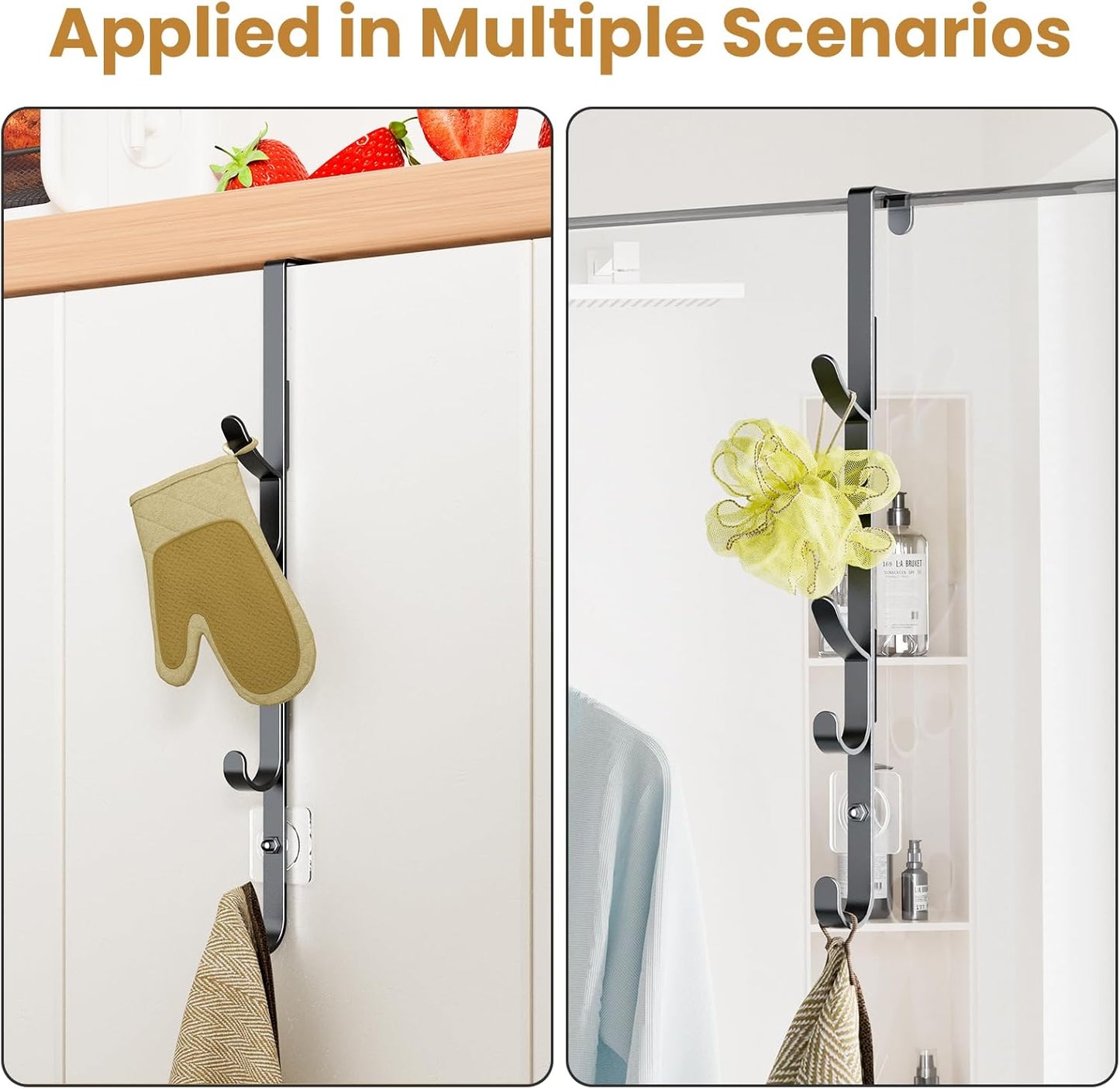Over The Door Hooks, Metal Door Hooks for Hanging, Over The Door Purse Organizer for Coat Hanger, Back of Shower Door for Hanging Towel Rack Clothes, Hat, Bathroom, Closet (Black-4Packs)