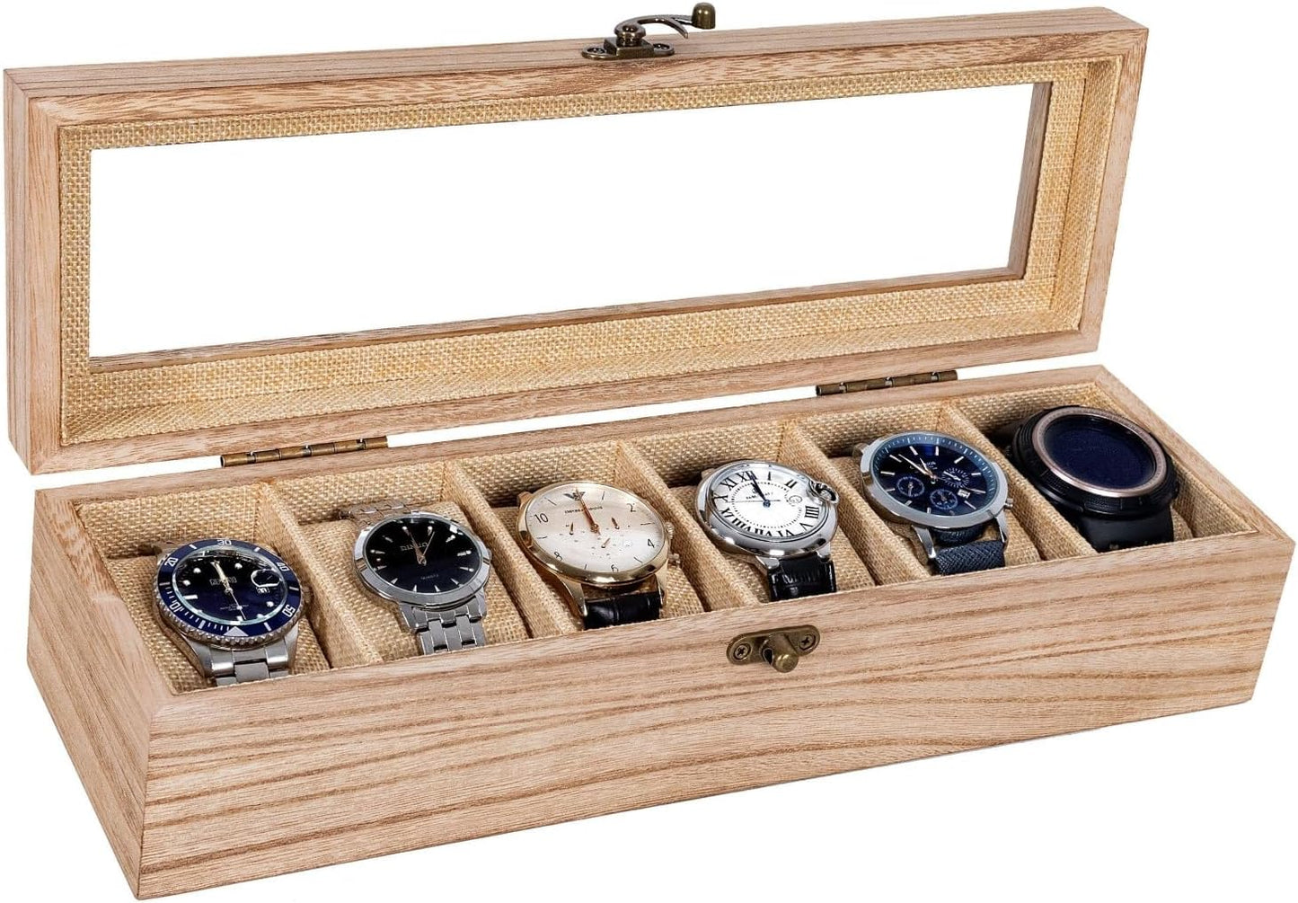 Watch Box, Watch Case for Men Women with Large Glass Lid, Wooden Watch Display Storage Box with 6 - Slots, Weathered Wood Mens Watch Box Organizer
