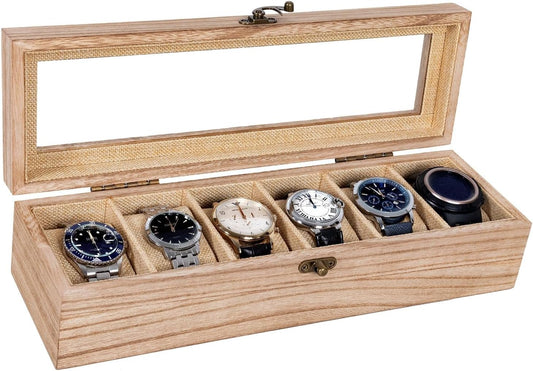 Watch Box, Watch Case for Men Women with Large Glass Lid, Wooden Watch Display Storage Box with 6 - Slots, Weathered Wood Mens Watch Box Organizer