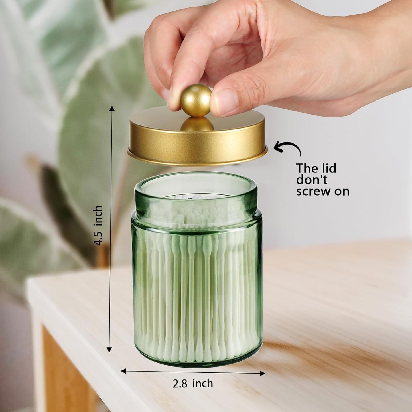 Amolliar Sage Green Qtip Holder, Glass Apothecary Jar Metal Lid & Stickers, Bathroom Qtip Holder Storage Canister, Farmhouse Decor for Cotton Balls, Swabs, Round Pads, Bath Salt, Floss, Gold 2 Pack
