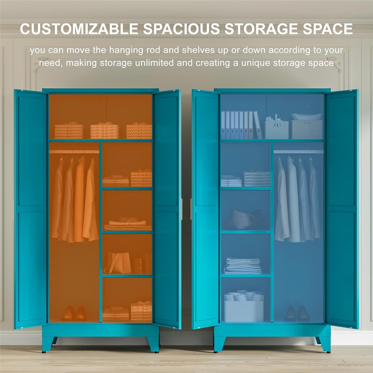 71" Tall Metal Wardrobe Closet with Adjustable Shelves and Hanging Rod, 2 Doors Office Storage Locker Cabinet for Home, Office, Bedroom, Laundry Room, Blue