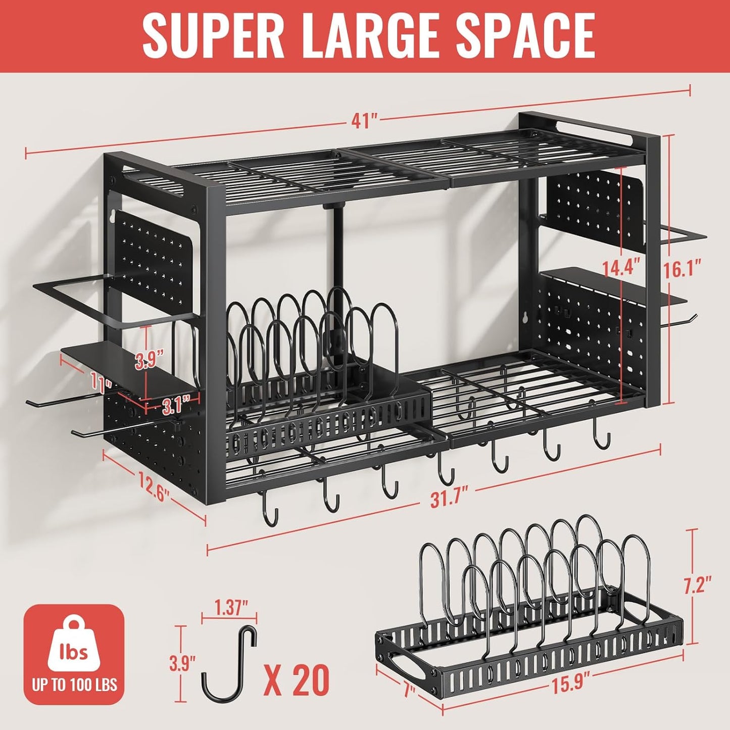 31 Inch Pot Rack Wall Mounted, 2-Tier Pots and Pans Hanging Organizer with 20 Hooks & Pan Organizer and Spice Rack, Heavy Duty Hanging Pot Hanger for Kitchen Cookware, Utensils, Black