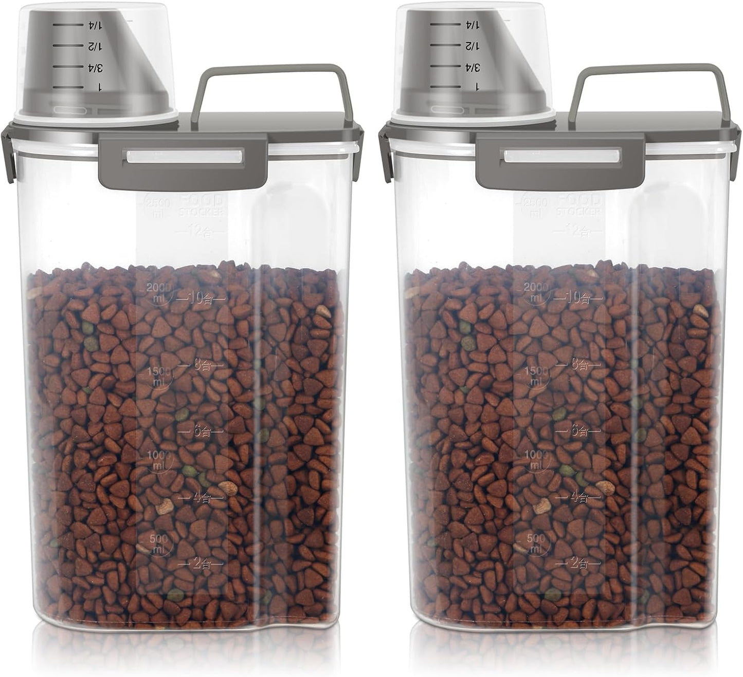 3-5Lbs Airtight Small Cat Dog Pet Food Storage Containers BPA Free, with Large Pour Spout/1 Measuring Cup/4 Safety Locks and Double-layer Silicone Strip (Olive Gray 2Pack