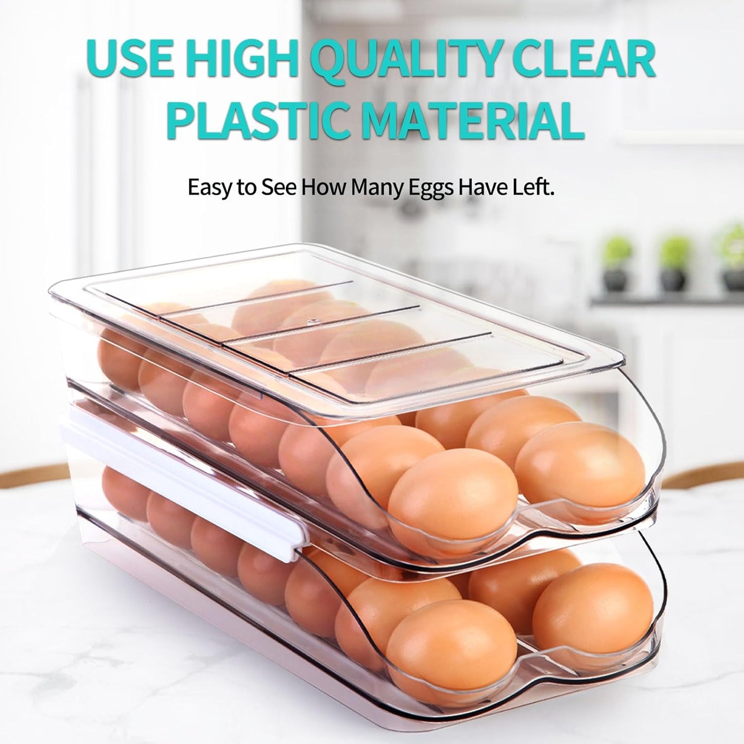 Egg Holder for Fridge, Automatic Rolling Egg Container for Refrigerator, Stackable Fridge Organizers and Storage with Lid, Clear Plastic Egg Dispenser,Bin & Tray (1 Tier)
