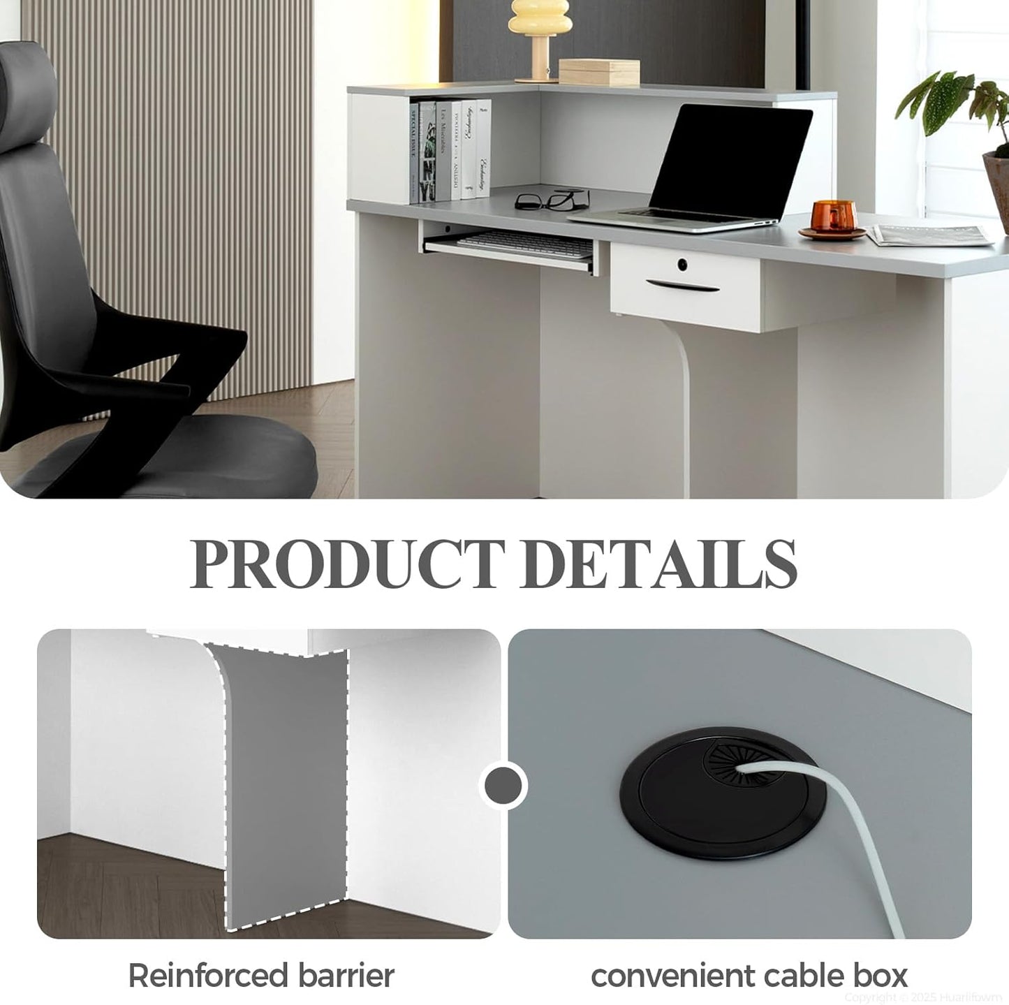 L Shape Reception Desk with Counter, Lockable Drawer, Keyboard Tray, and Double-Layer Storage for Salon, Office, or Clinic(White+Gray/Left, 63" L*24" W*39" H)