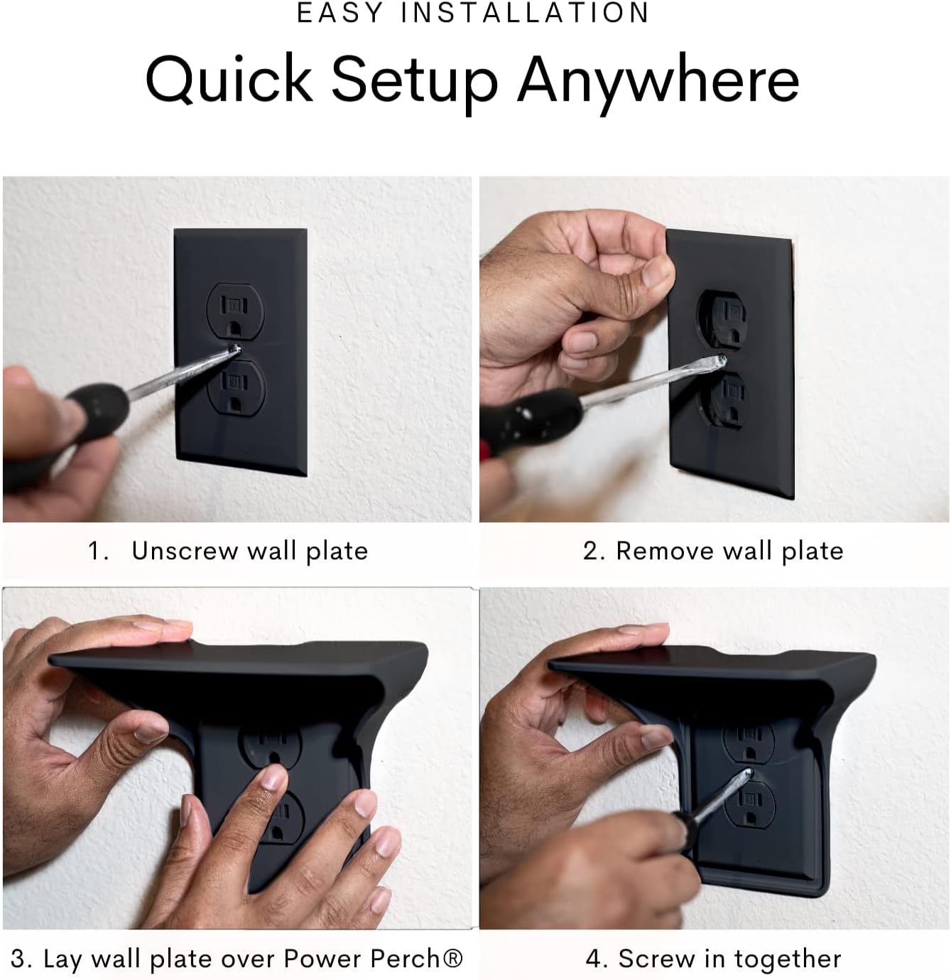 BeraTek Power Perch Wall Outlet Shelf | Declutter & Reclaim Counter Space | Bedroom & Bathroom Organizing Shelves | Alexa Echo Dot Holder, Router Shelf, Holds Electric Toothbrush | Black, 2-Pack
