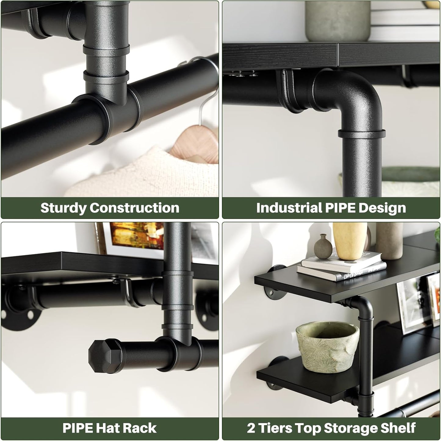 Aheaplus Industrial Pipe Clothes Rack with Top Shelf, 47In Space-Saving Wall Mounted Clothing Rack, 2 Tiers Heavy Duty Pipe Clothing Shelves with Hanging Rod for Laundry Room, Closet Storage, Black