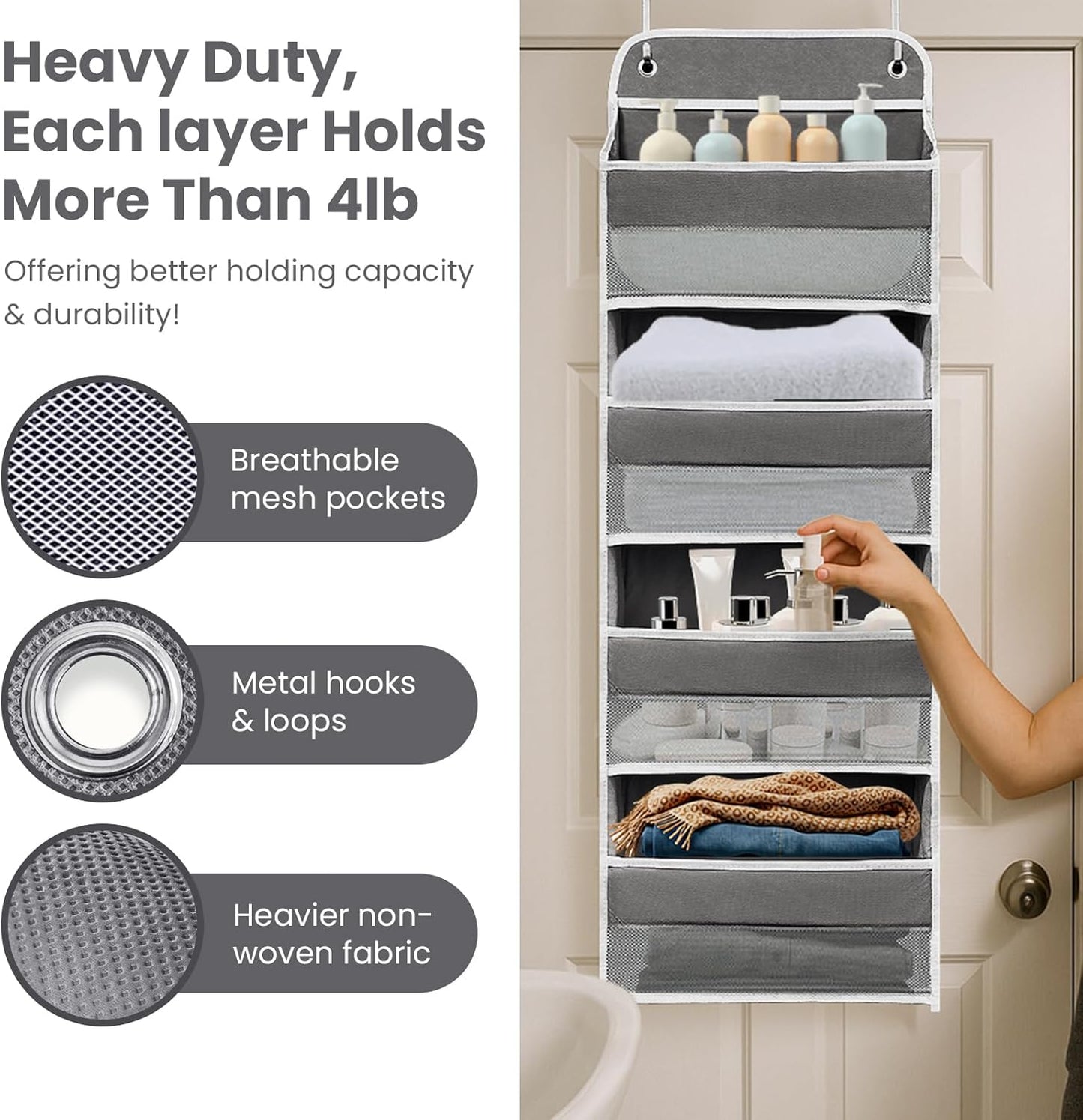 Over The Door Organizer with 4 Side Mesh Pockets, 44lb Weight Capacity Hanging Behind The Door Storage Suitable for Storing Toys, Shoes, Towels, Grey