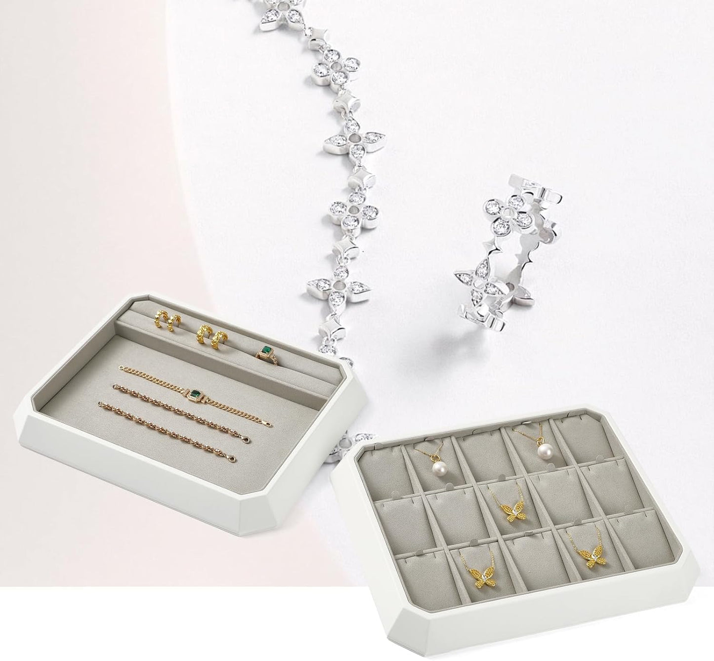 Premium PU Leather Stackable Jewelry Tray 15 Grid Jewelry Organizer Tray with Removable Inserts Cards Necklace Display Organizer Holder(Grey)