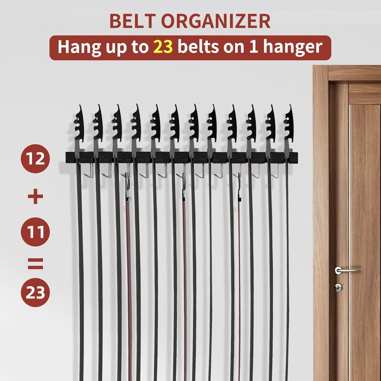 Belt Hanger for Closet Max 42 Belts, 2-in-1 Wall Mount Belt Organizer with 360° Rotating Hooks, Wooden Tie and Belt Rack for Closet Accessories Organizers and Storage, Black