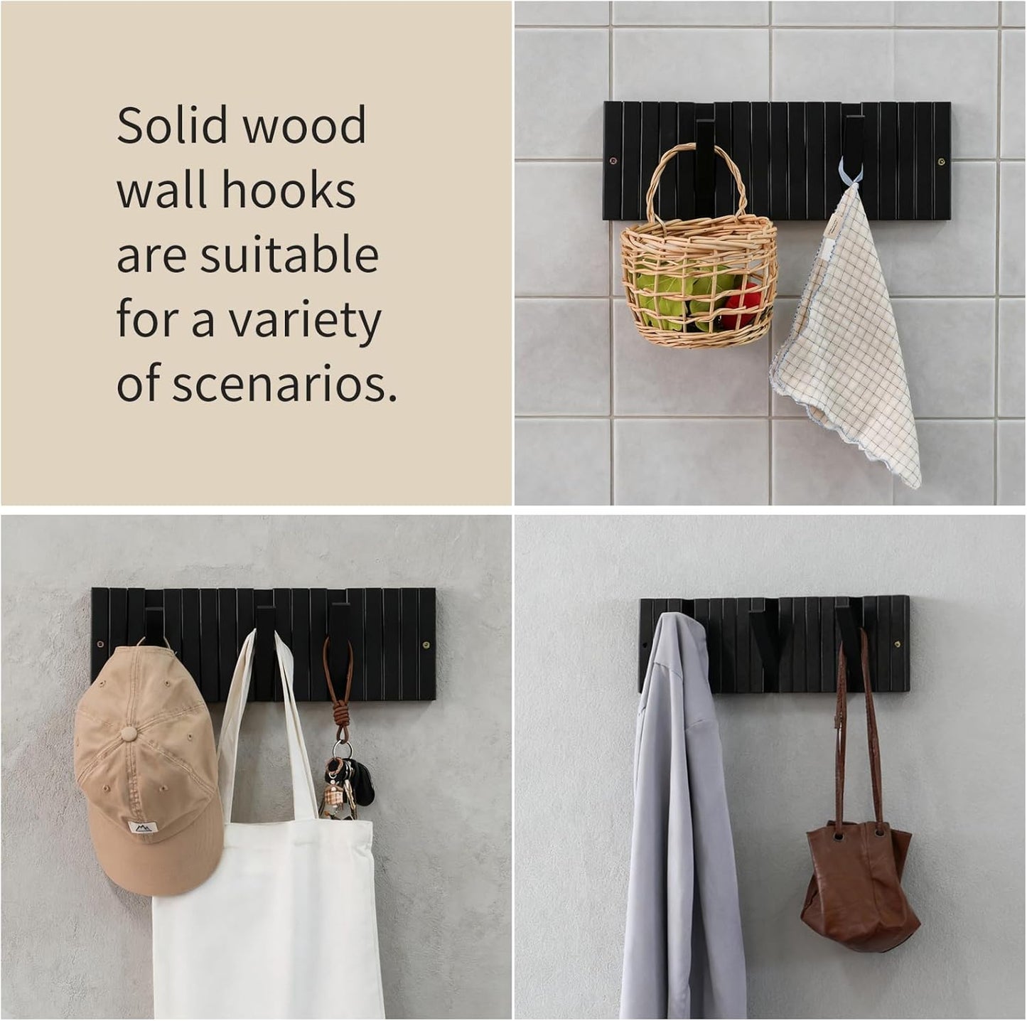 Coat & Hat Hooks Wall Mount with Key Holder, Wall Mounted Coat Rack with 9 Retractable Hangers, Solid Wood Slim Key Holder for Entryway Decor, 17in Natural Finish
