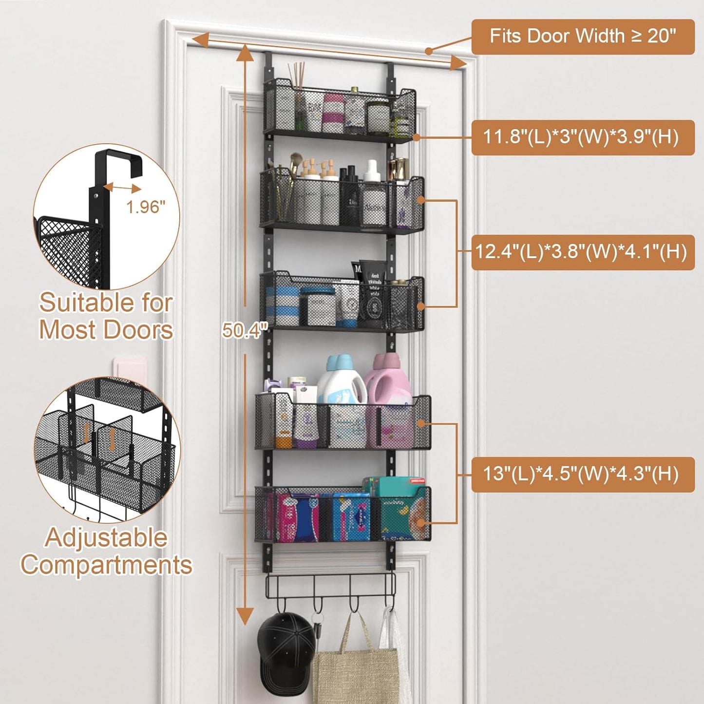 Over The Door Organizer, Metal Door Organizer Hanging with 5 Adjustable Baskets and Coat Hook, Behind The Door Storage for Bedroom Closet Bathroom Pantry Cabinet Kitchen, Black
